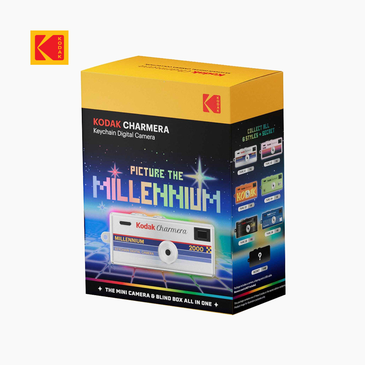 Kodak Charmera keychain digital camera packaging featuring the Picture the Millennium special edition box design