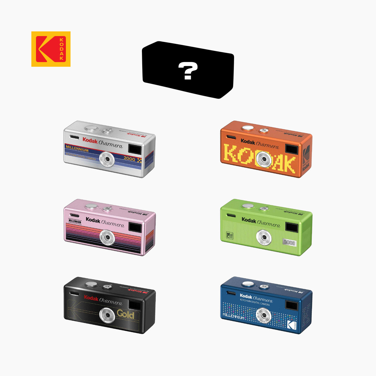 Kodak Charmera keychain digital camera collection featuring six collectible mini camera color designs and one mystery secret edition