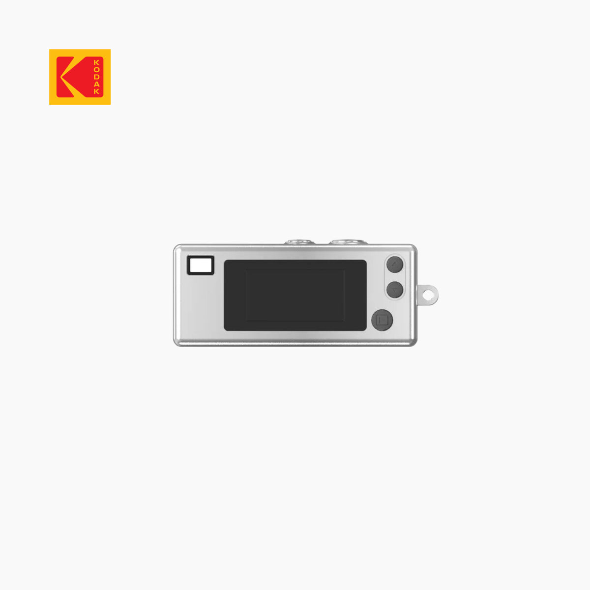 Kodak Charmera keychain digital camera close-up showing the HD screen and precision lens design