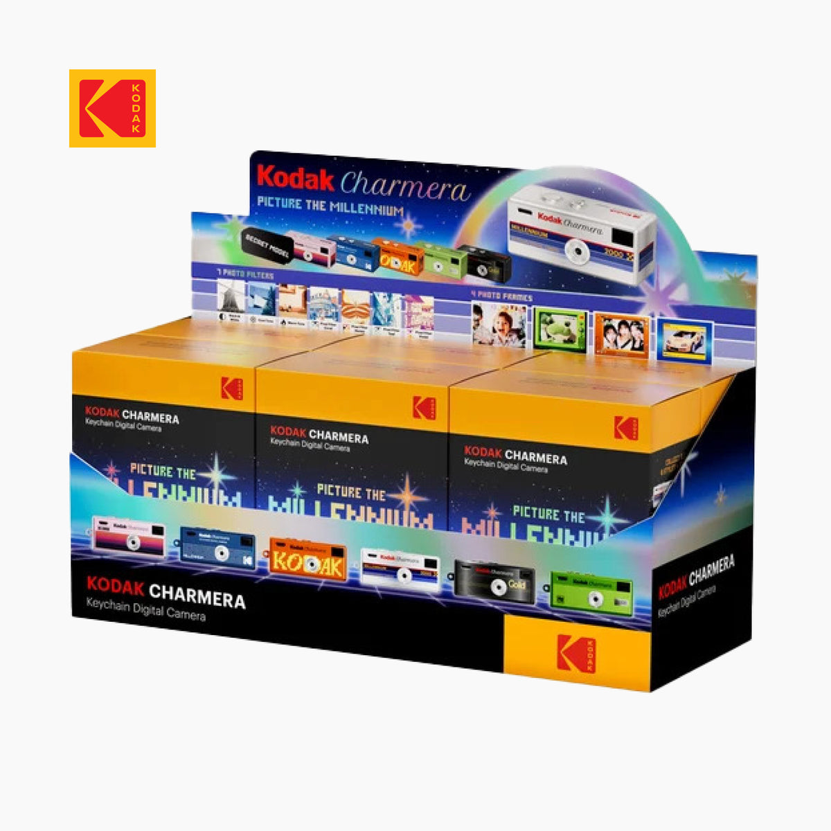 Kodak Charmera keychain digital camera blind box packaging display featuring the Picture the Millennium collection with multiple collectible camera designs