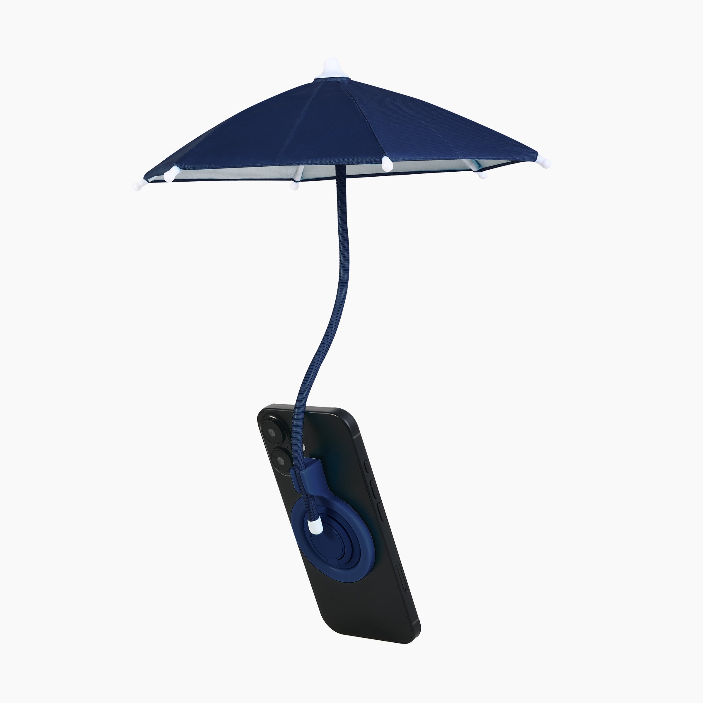 Artikl Magnetic Phone Umbrella for Sun in Navy Blue, front view attached to phone showing 360 degree rotating ring
