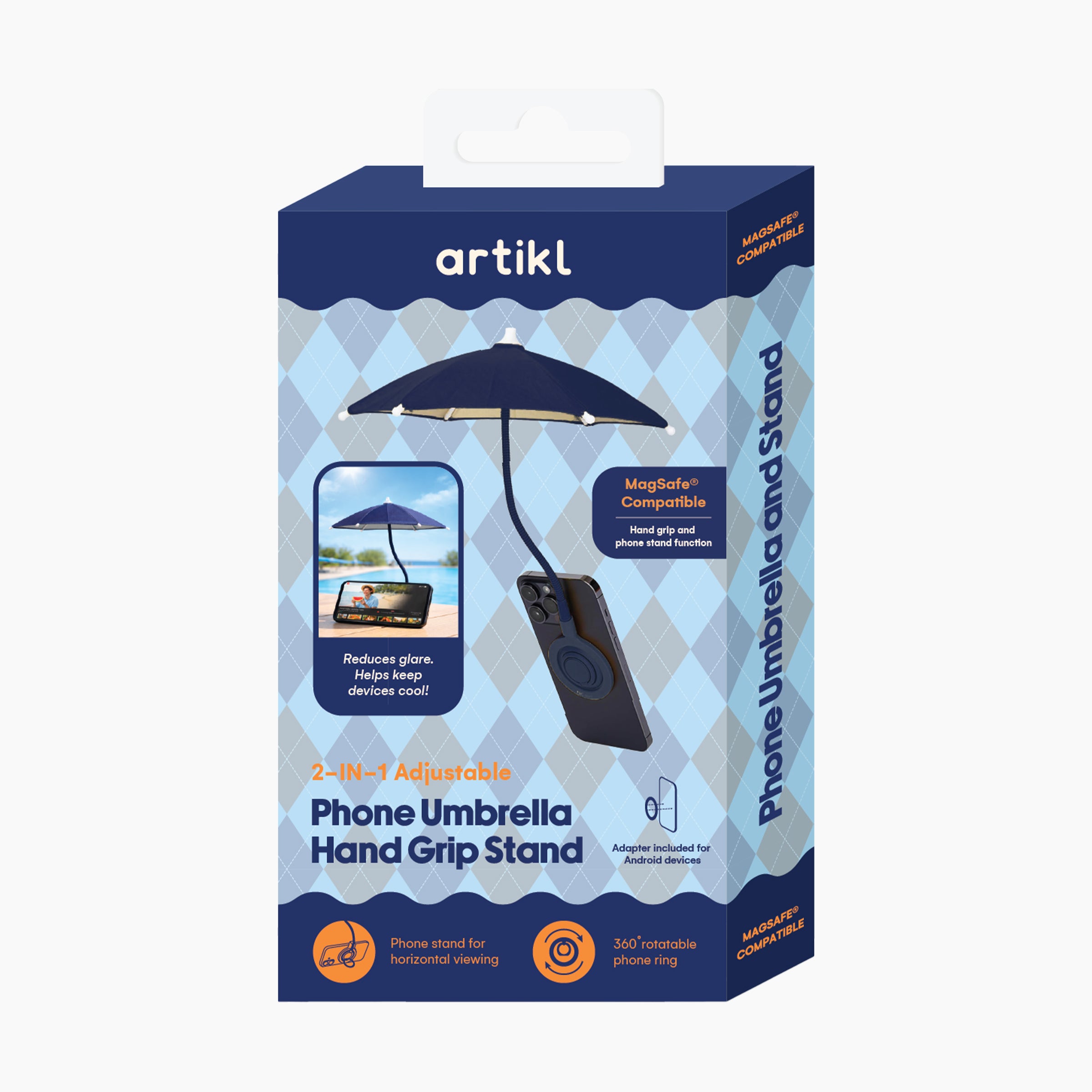 Magnetic Phone Umbrella Hand Grip Stand packaging featuring MagSafe compatible design, 2-in-1 adjustable phone stand and hand grip, 360 degree rotatable phone ring, and Android adapter included