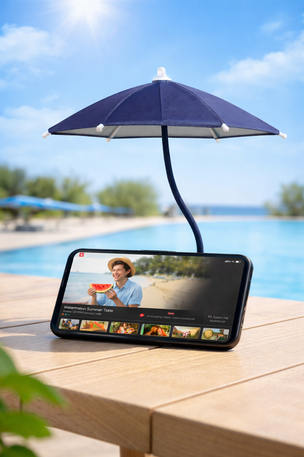 Magnetic Phone Umbrella for Sun in Navy Blue shading a phone playing video poolside on a sunny day