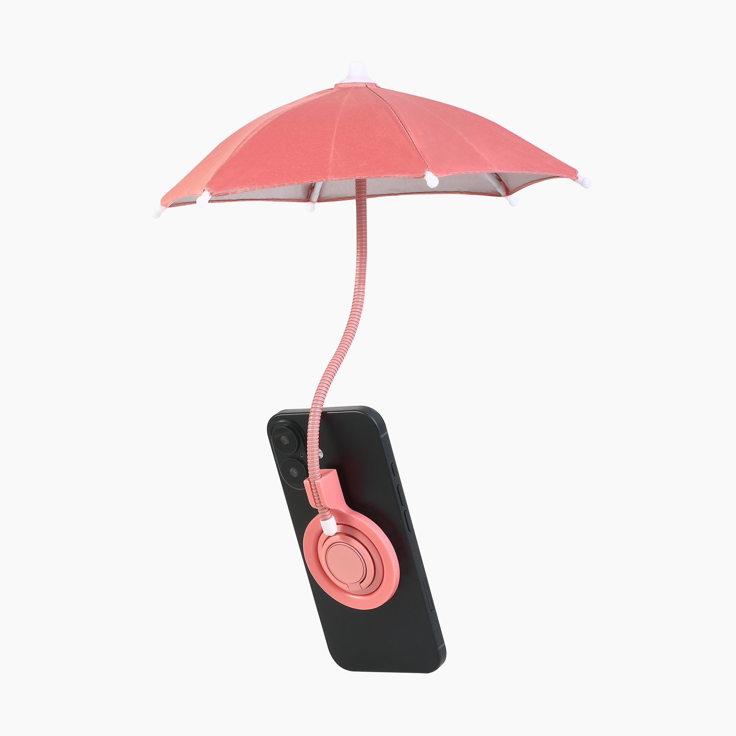 Artikl Magnetic Phone Umbrella for Sun in Pink, front view attached to phone showing 360 degree rotating ring