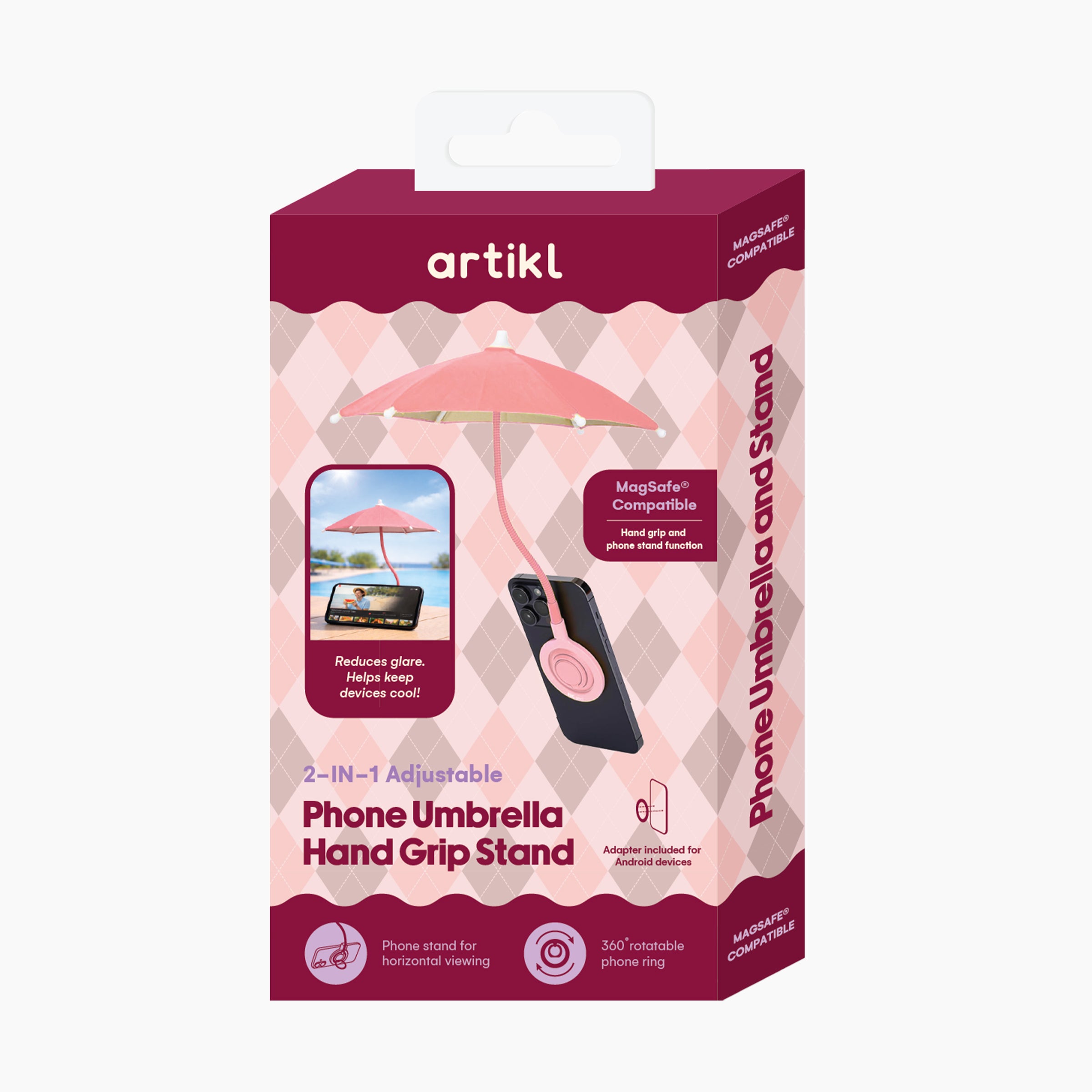 Magnetic Phone Umbrella Hand Grip Stand packaging featuring MagSafe compatible design, 2-in-1 adjustable phone stand and hand grip, 360 degree rotatable phone ring, and Android adapter included