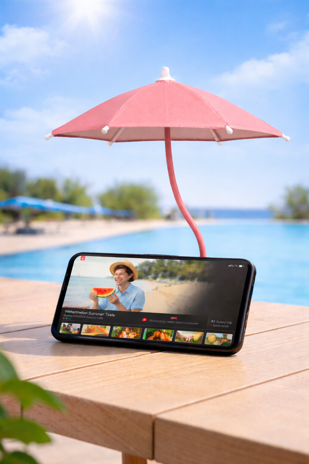 Magnetic Phone Umbrella for Sun in Pink shading a phone playing video poolside on a sunny day