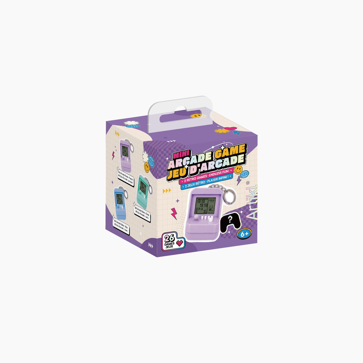 Mini Arcade Game Keychain Blind Box - 26 Retro Games packaging in purple, featuring pastel mini arcade cabinet keychains and a mystery controller bonus