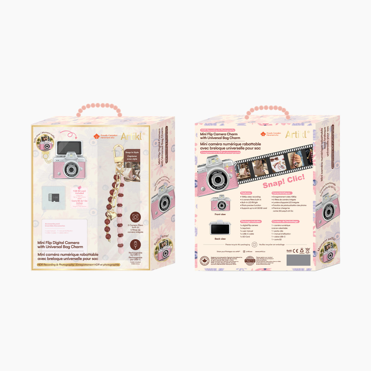 Artikl Mini Retro Keychain Digital Camera Charm gift box packaging, front and side view featuring product photos and Snap! Click branding