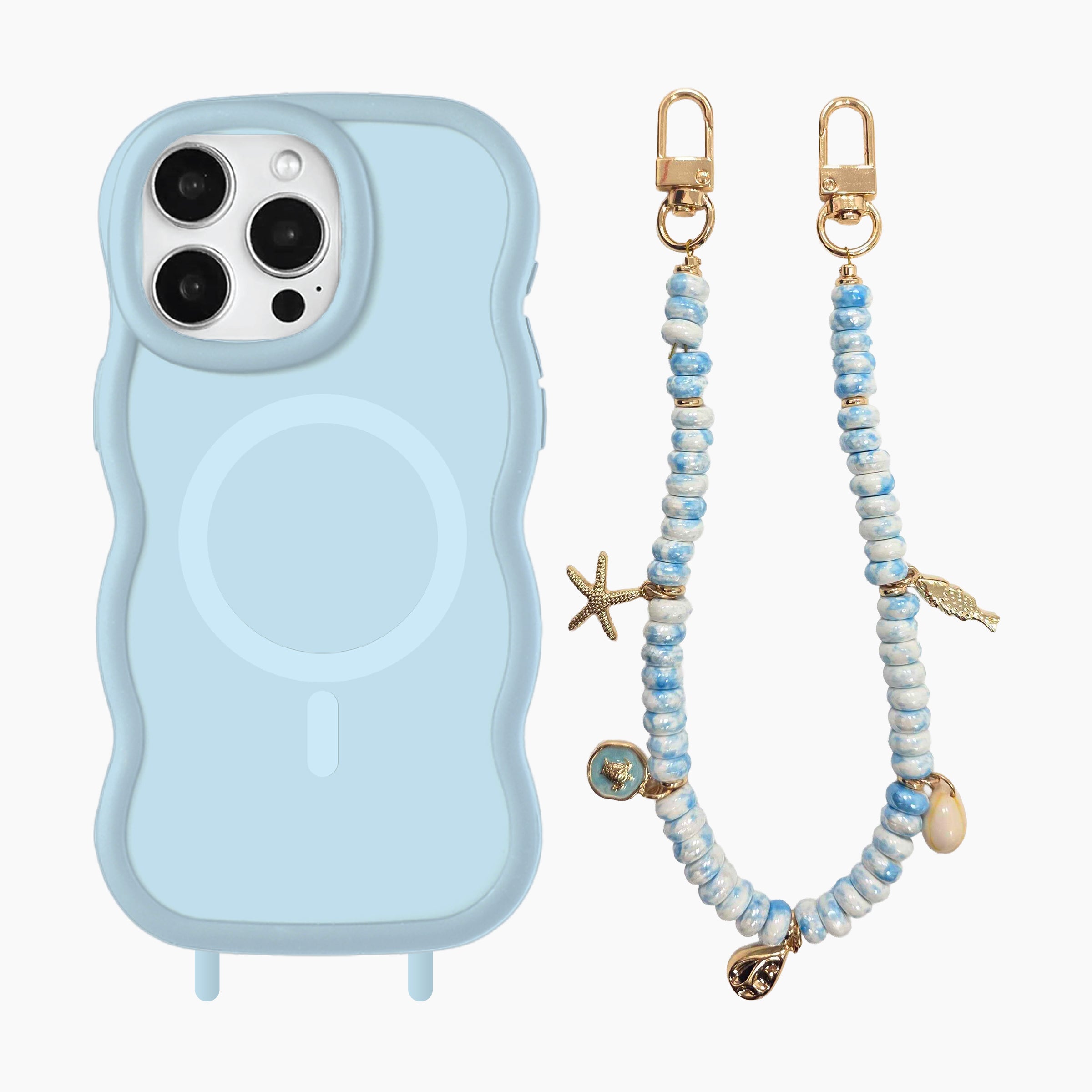 Light Blue Wavy MagSafe Compatible Case for iPhone 15 Pro Max with Ocean Beaded Charm Strap and Gold Accent Charms