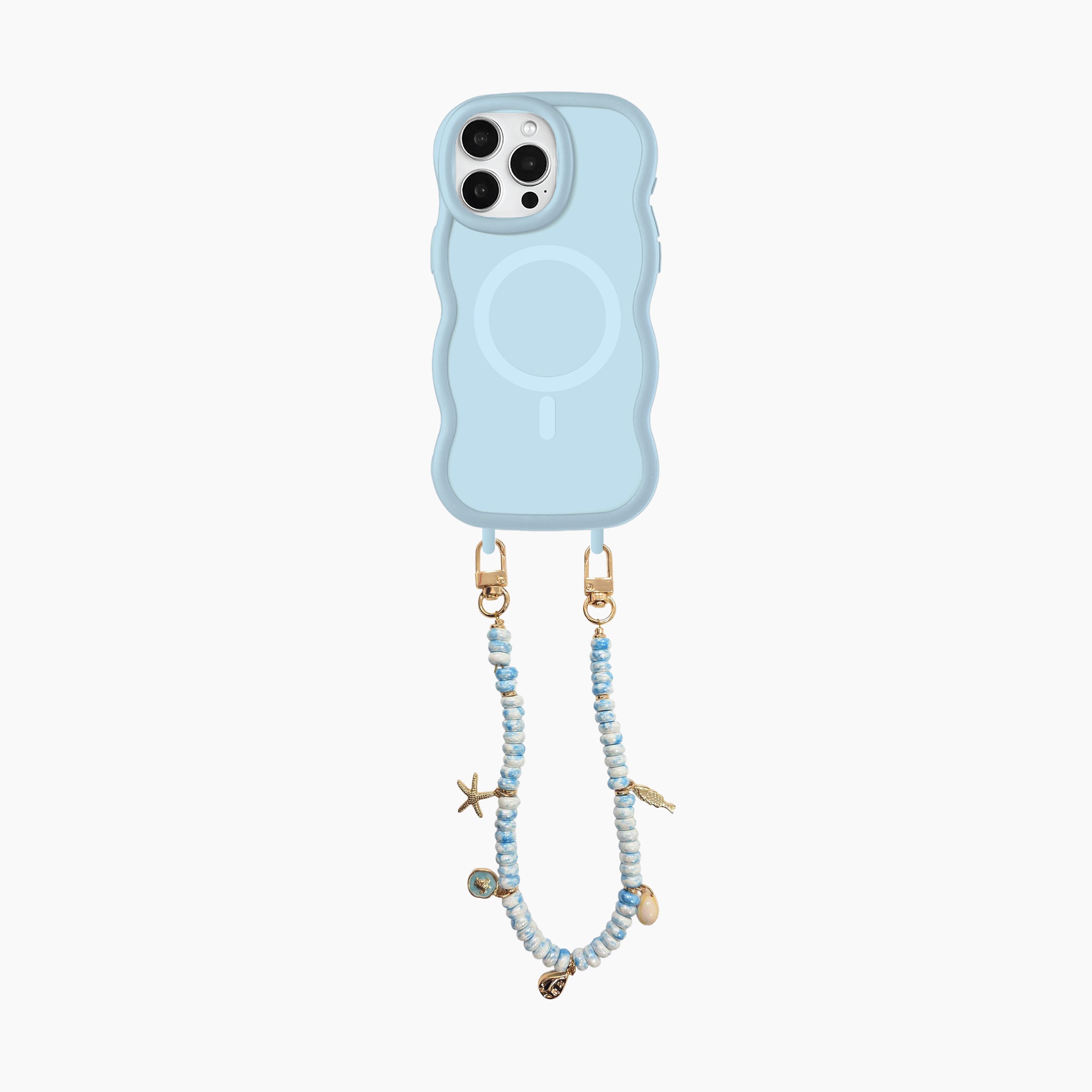 Light blue phone case with a lanyard on a white background