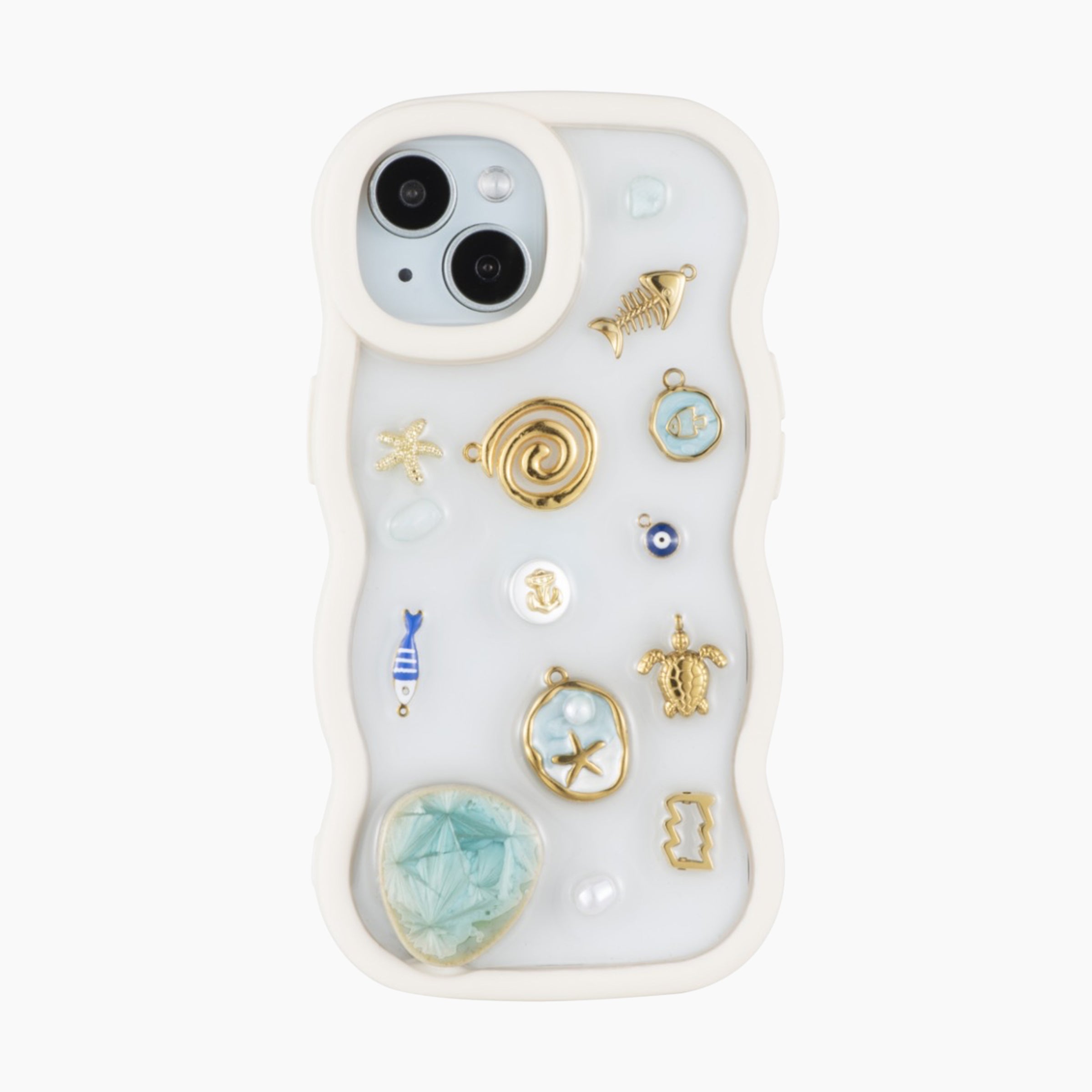 Cream Wavy Ocean-Themed MagSafe Compatible Case for iPhone 15/14/13 Featuring Gold Sea Charms and Coastal-Inspired Details