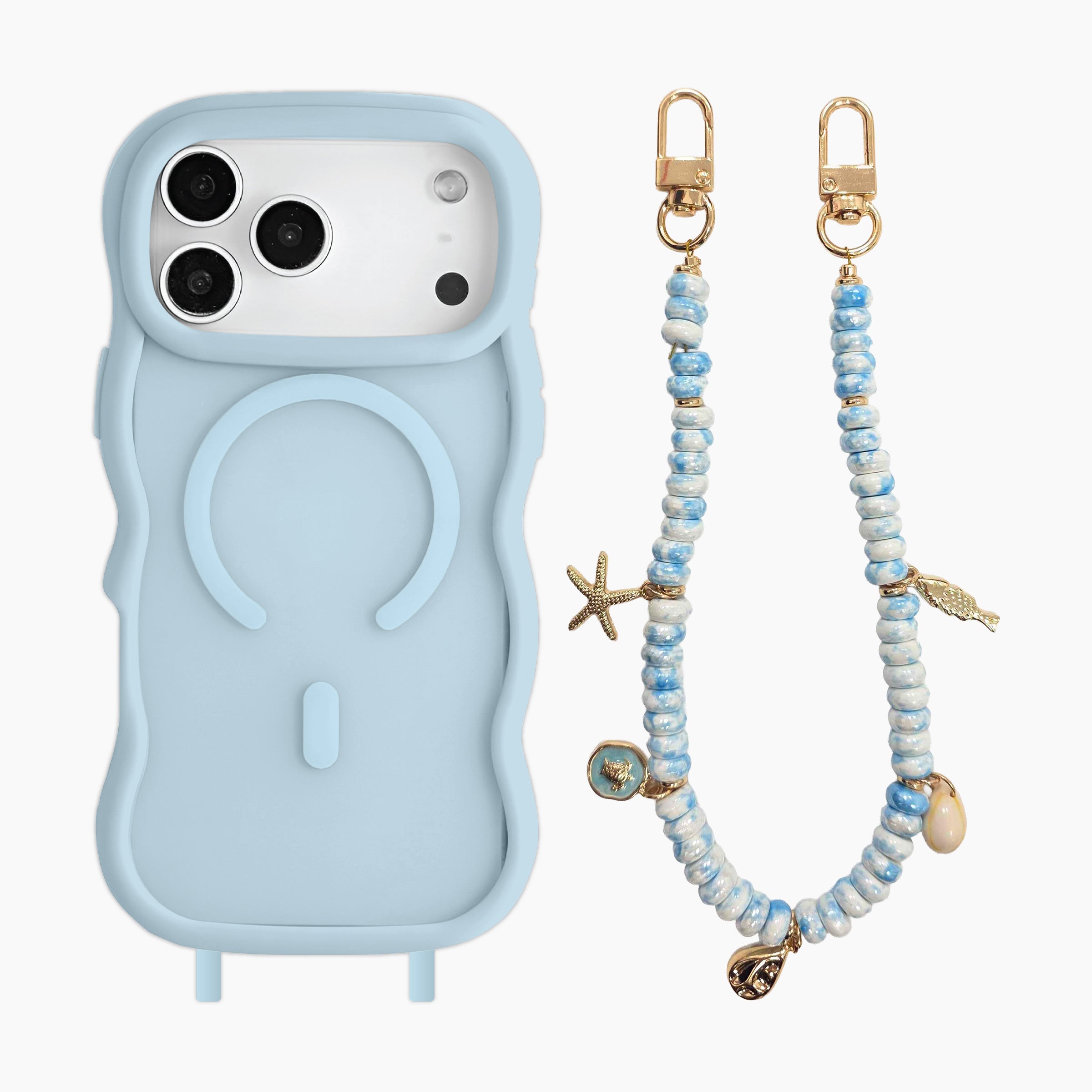 Light Blue Wavy MagSafe Phone Case and Beaded Charm Strap Set Featuring Ocean-Inspired Charms, Gold Accents, and Detachable Clasps for iPhone 17Pro Max