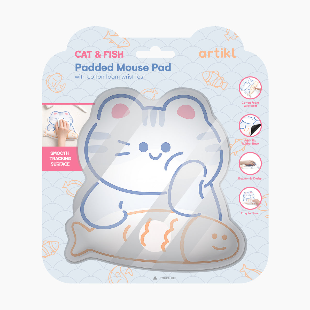 Padded Mouse Pad with Cotton Foam Wrist Rest - Cat & Fish