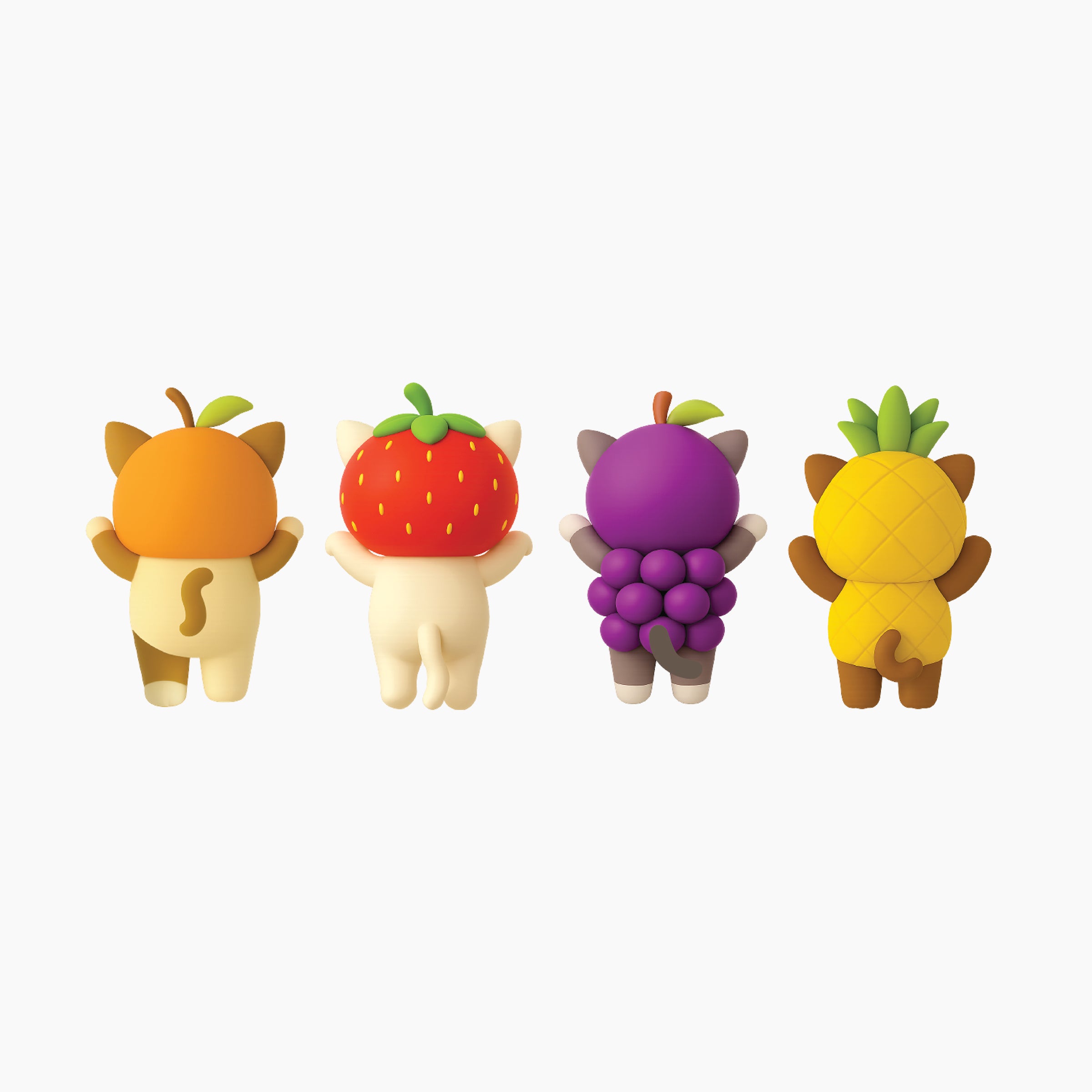 Back view of fruit cat Peek-A-Pals screen toppers featuring orange, strawberry, grape, and pineapple cat designs