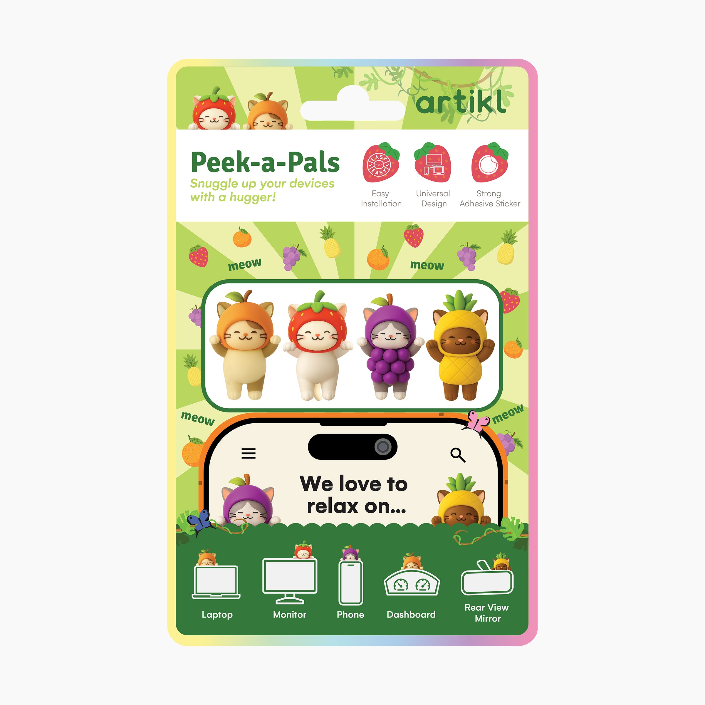 Peek-A-Pals fruit cat screen toppers for laptops, monitors, phones, dashboards, and rear view mirrors