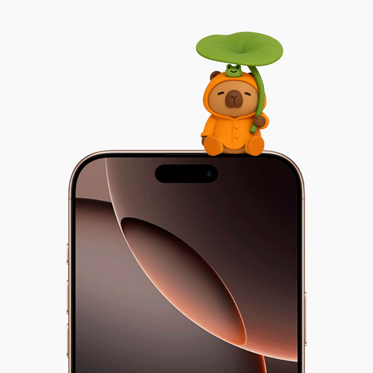 Peek-A-Pals Play in the Rain Capys collectible phone peeker featuring a capybara in a raincoat with a lily pad umbrella, designed for smartphones, monitors, and desk decor