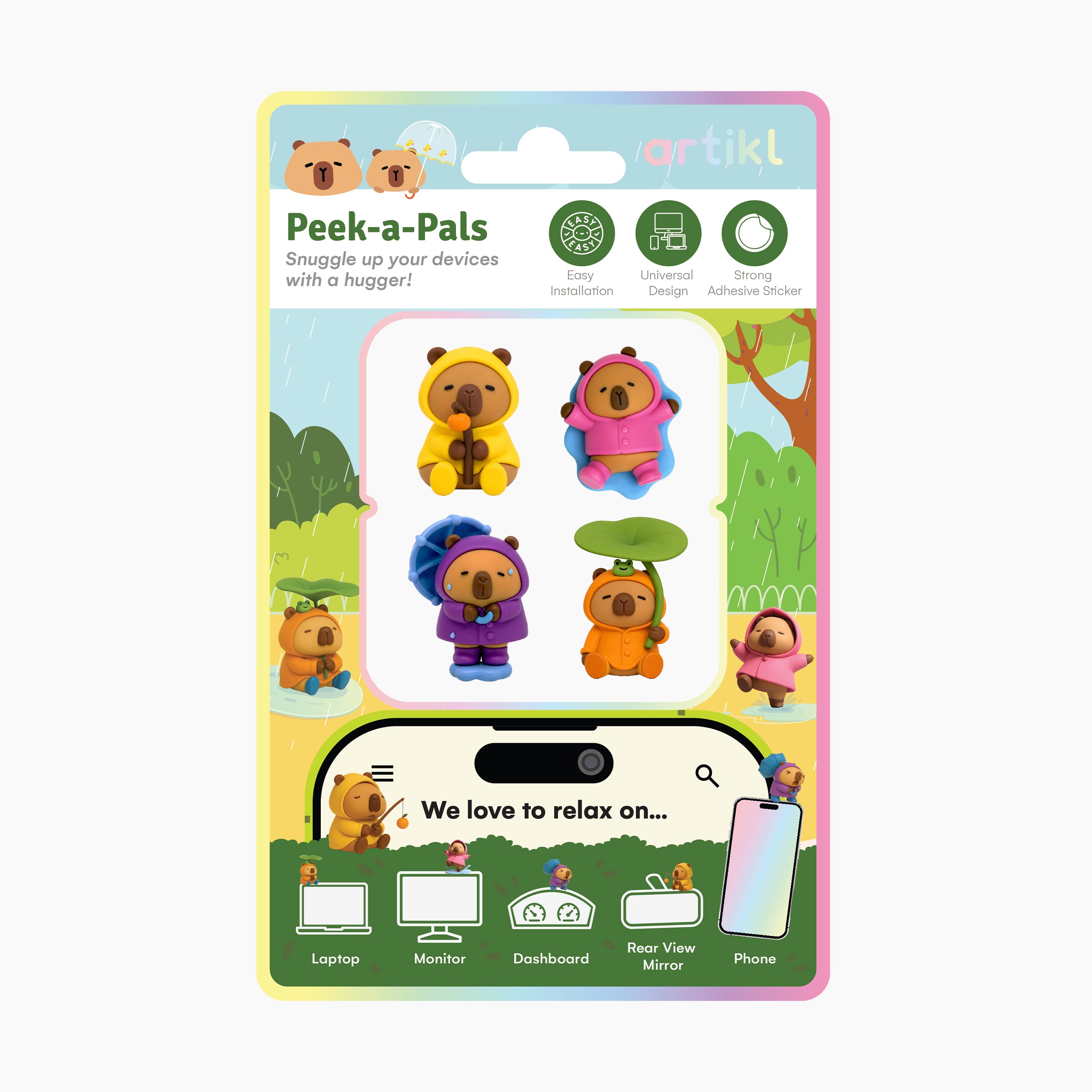 Peek-A-Pals Play in the Rain Capys phone peeker figure packaging showcasing collectible capybara companions, easy installation, strong adhesive backing, and universal display options