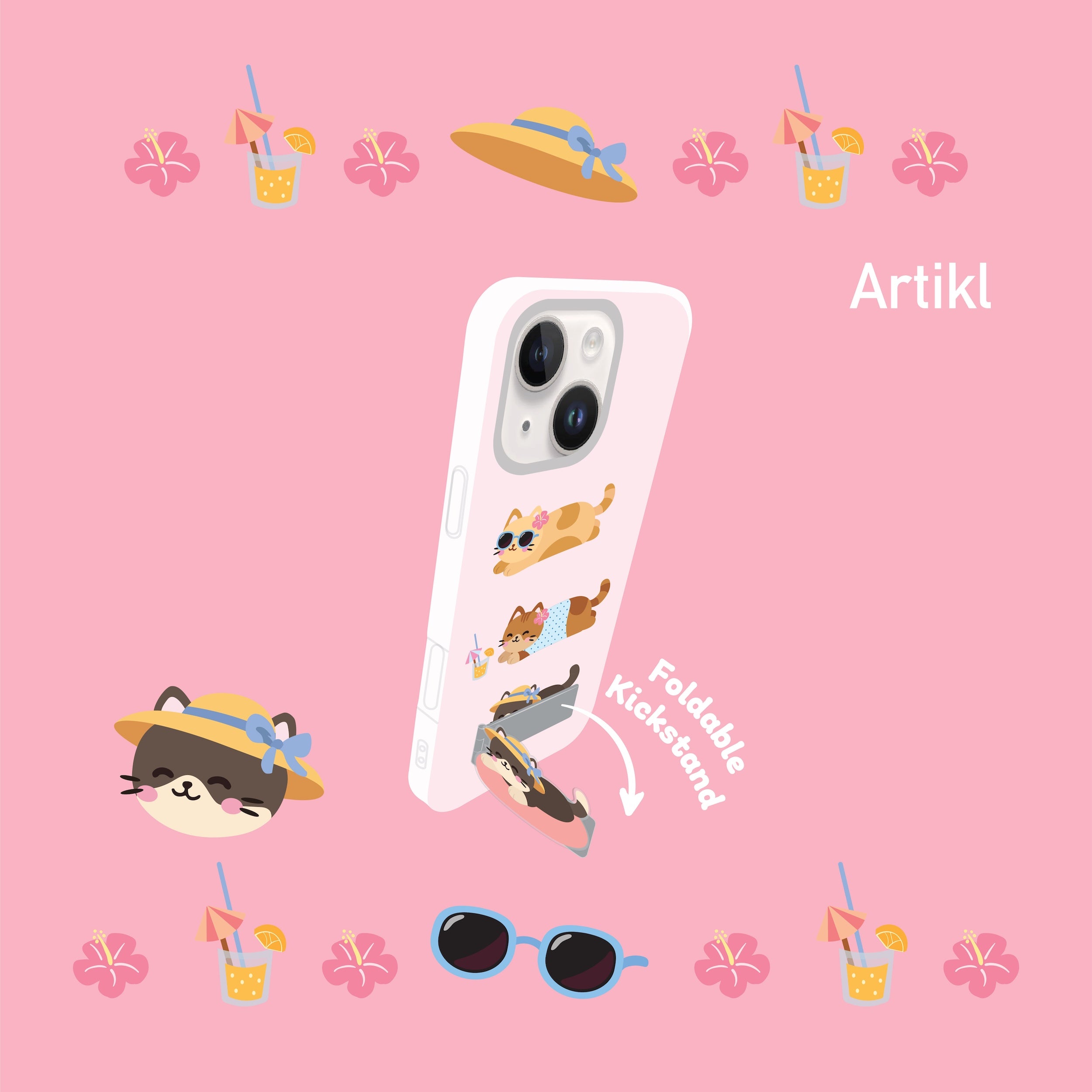 Summer Cat Kickstand Phone Case for iPhone 15/14/13