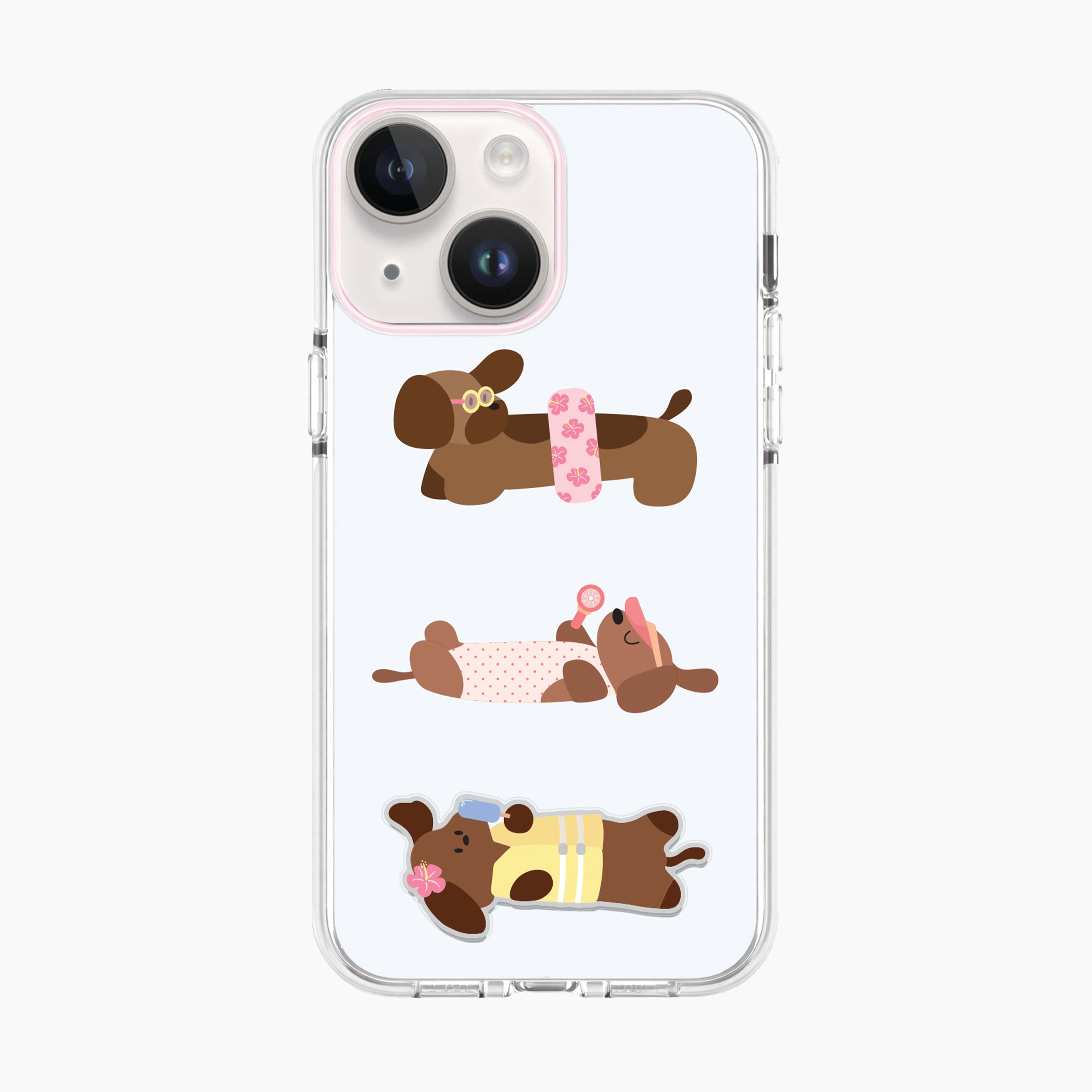 Phone case with cartoon dogs design on a light blue background, with kickstand