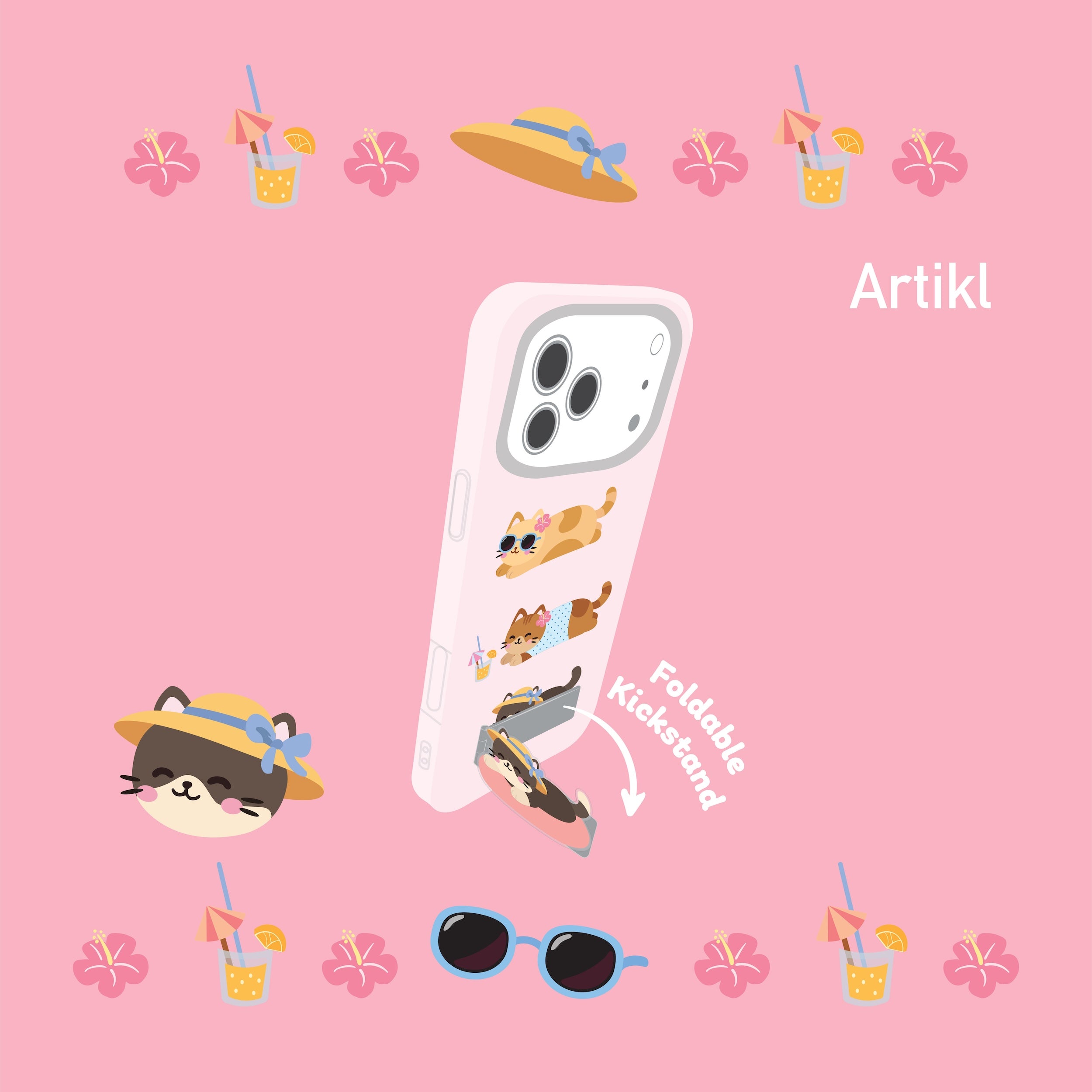 Summer Cat Kickstand Phone Case for iPhone 17 Pro Max
