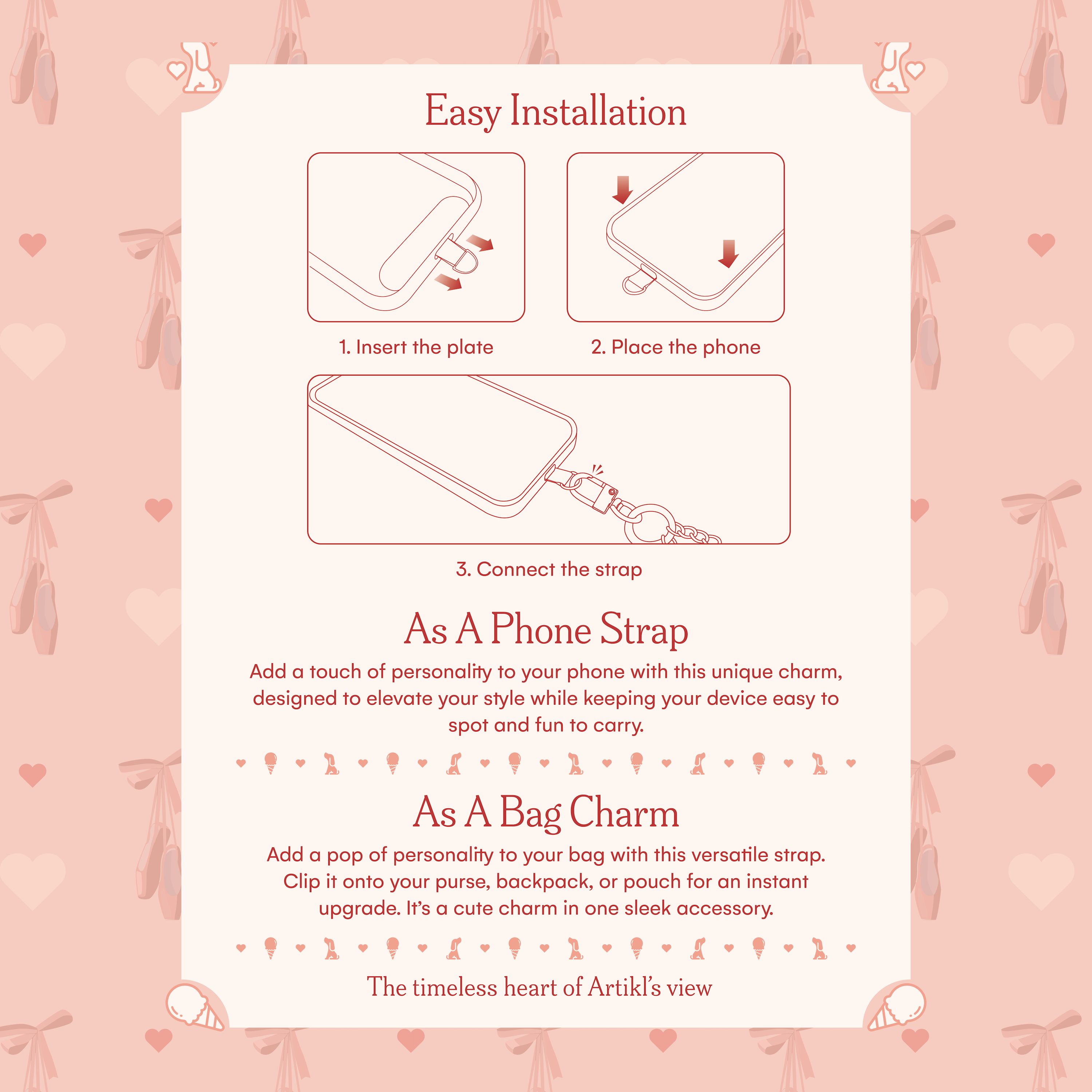 Phone charm installation guide showing how to attach a beaded charm strap to a phone case, plus styling ideas as a phone strap and handbag charm
