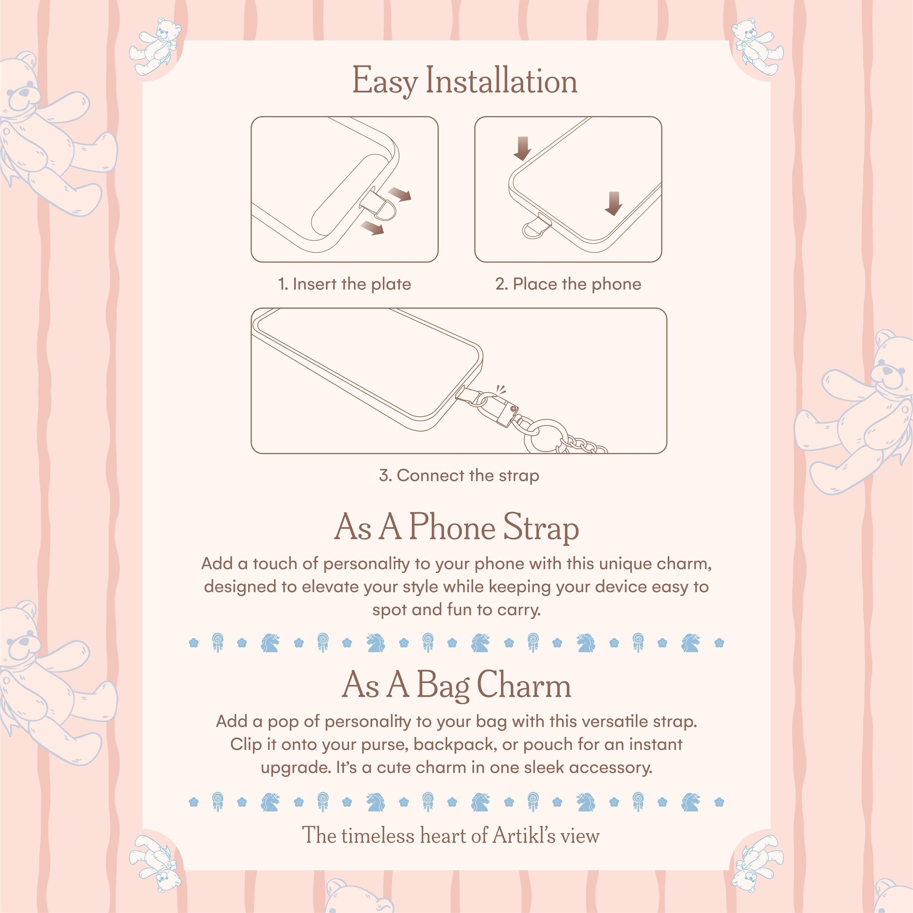 Phone charm installation guide showing how to attach a charm plate to a phone case, plus styling ideas as a phone strap and handbag charm
