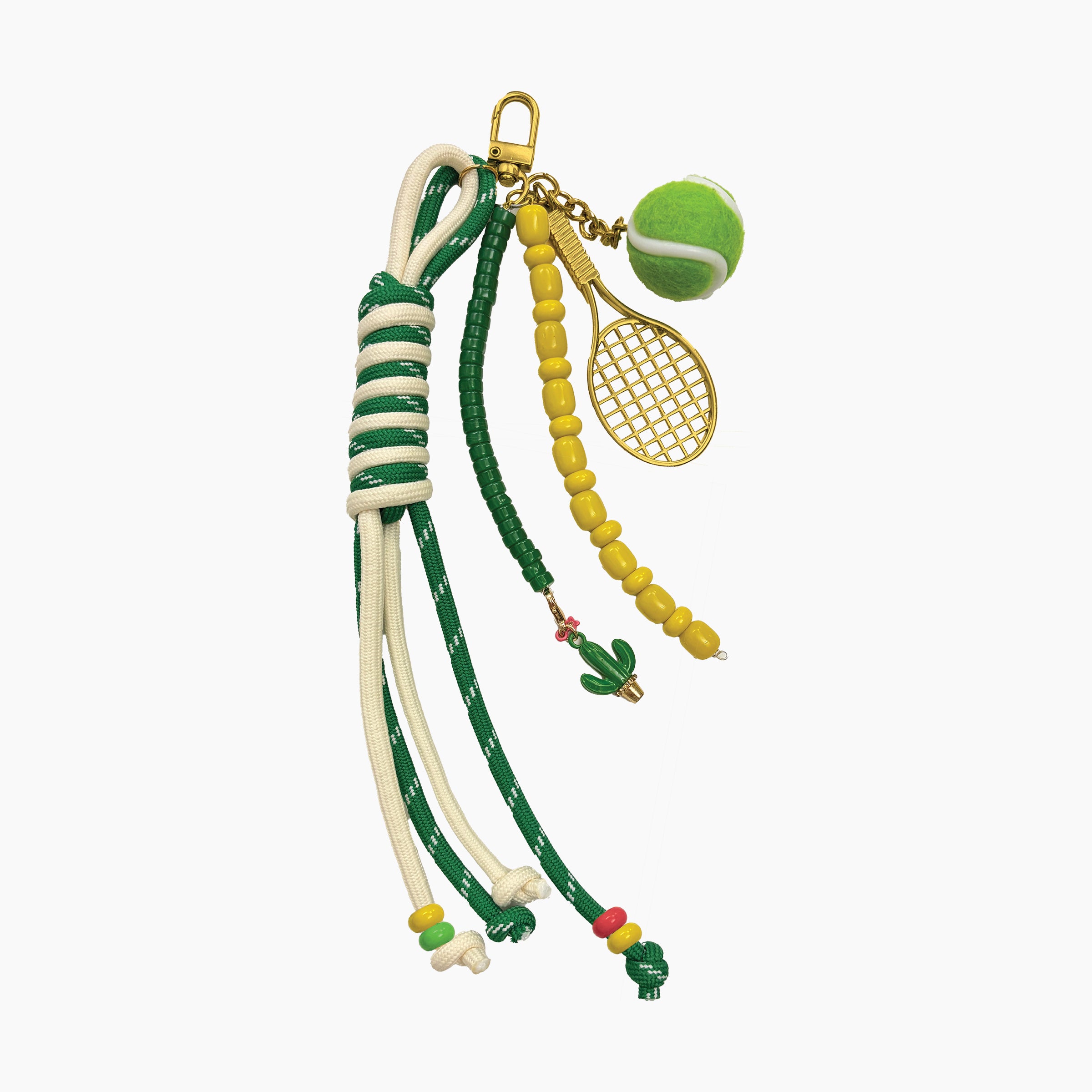 Keychain with tennis racket, ball, and colorful beads on a white background