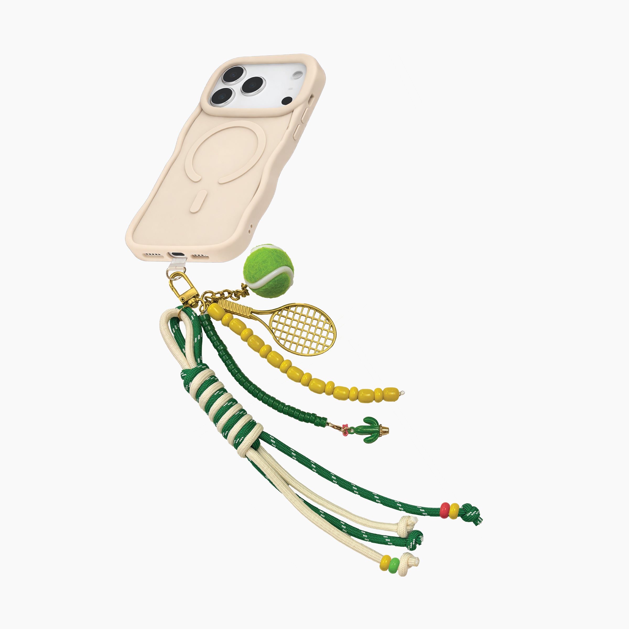 Phone case with tennis-themed charm on a white background