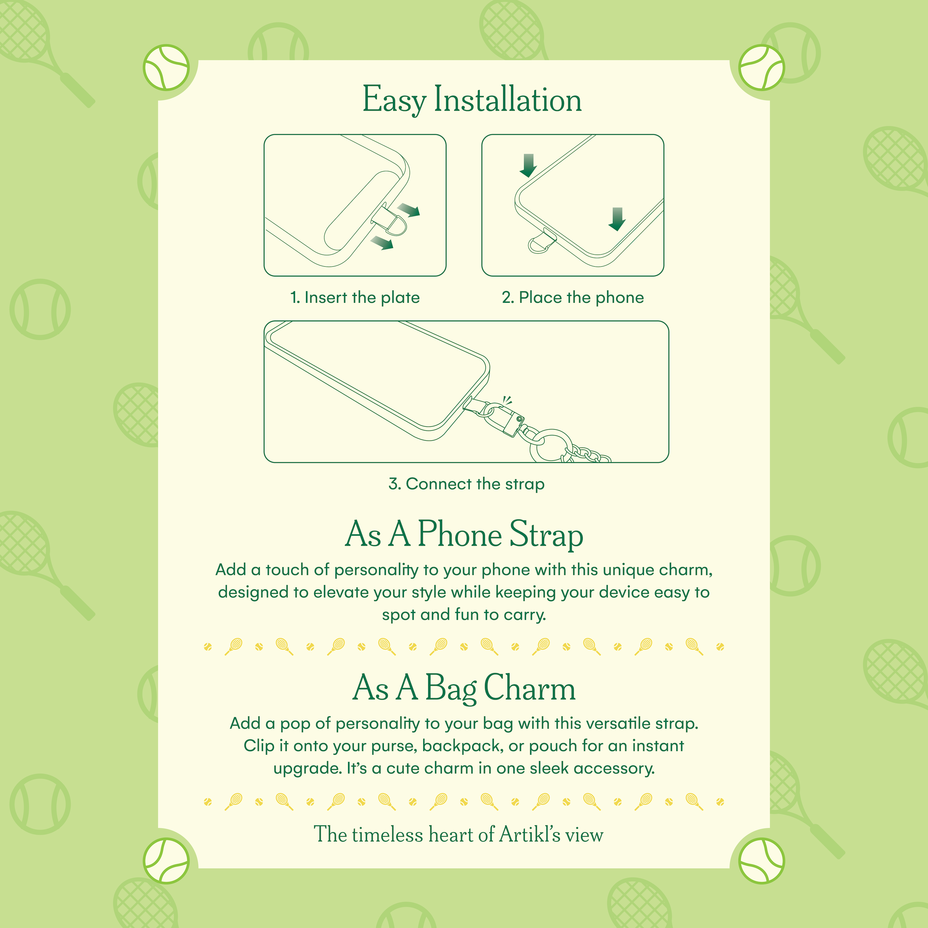 Tennis-themed phone strap installation guide showing how to attach the strap to a phone case, plus styling ideas as a phone strap and handbag charm
