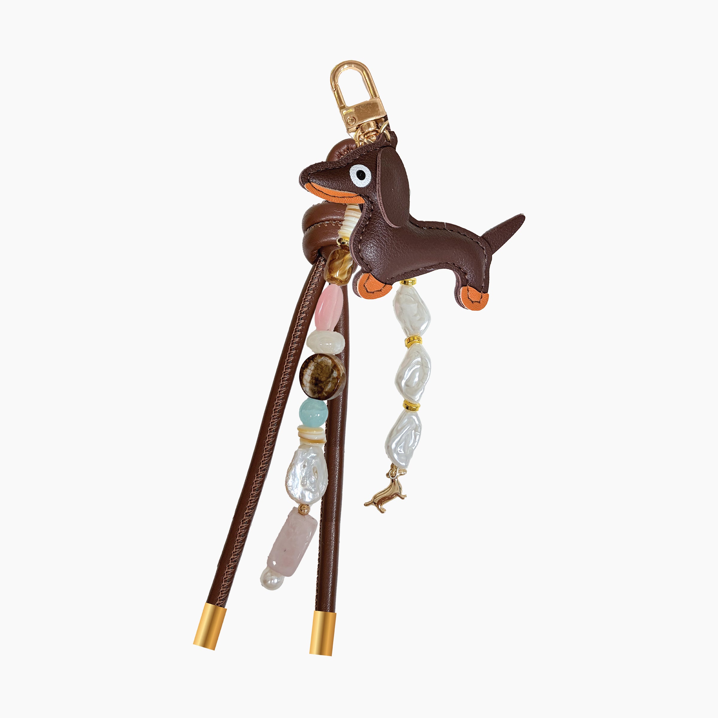 Brown Dachshund Phone Charm Featuring Faux Leather Puppy Charm, Pearl Beads, and Gold Accents for Phones, Bags, Keychains, and Accessories