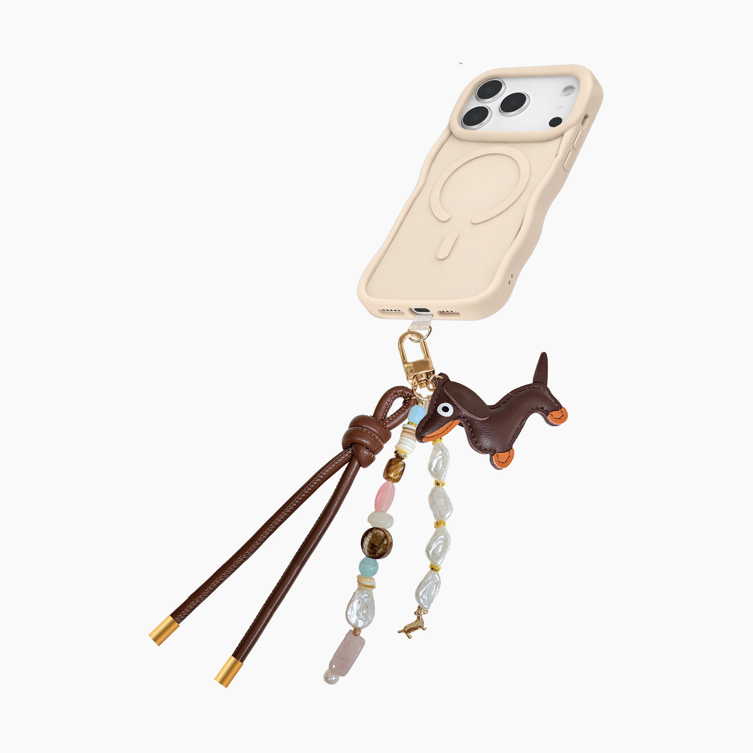 Phone case with Brown Dachshund Pearl Phone Charm and beaded strap on a white background