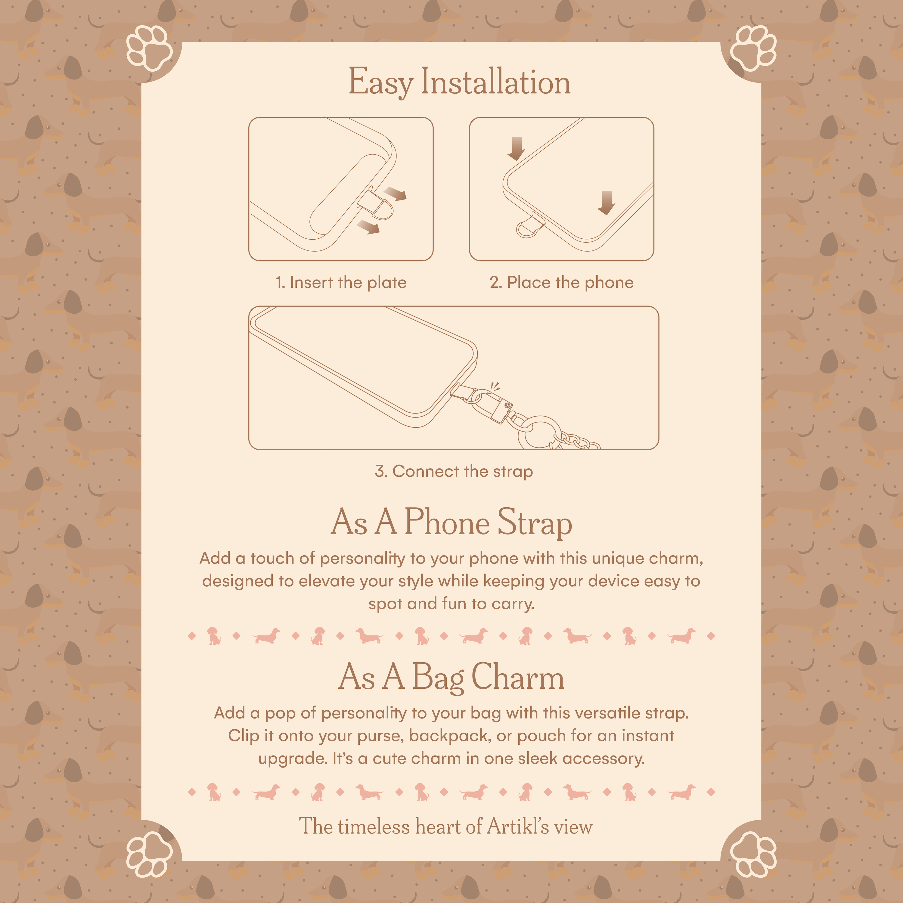 Phone charm installation guide showing how to attach a charm plate to a phone case, plus styling ideas as a phone strap and handbag charm for dachshund-inspired accessories
