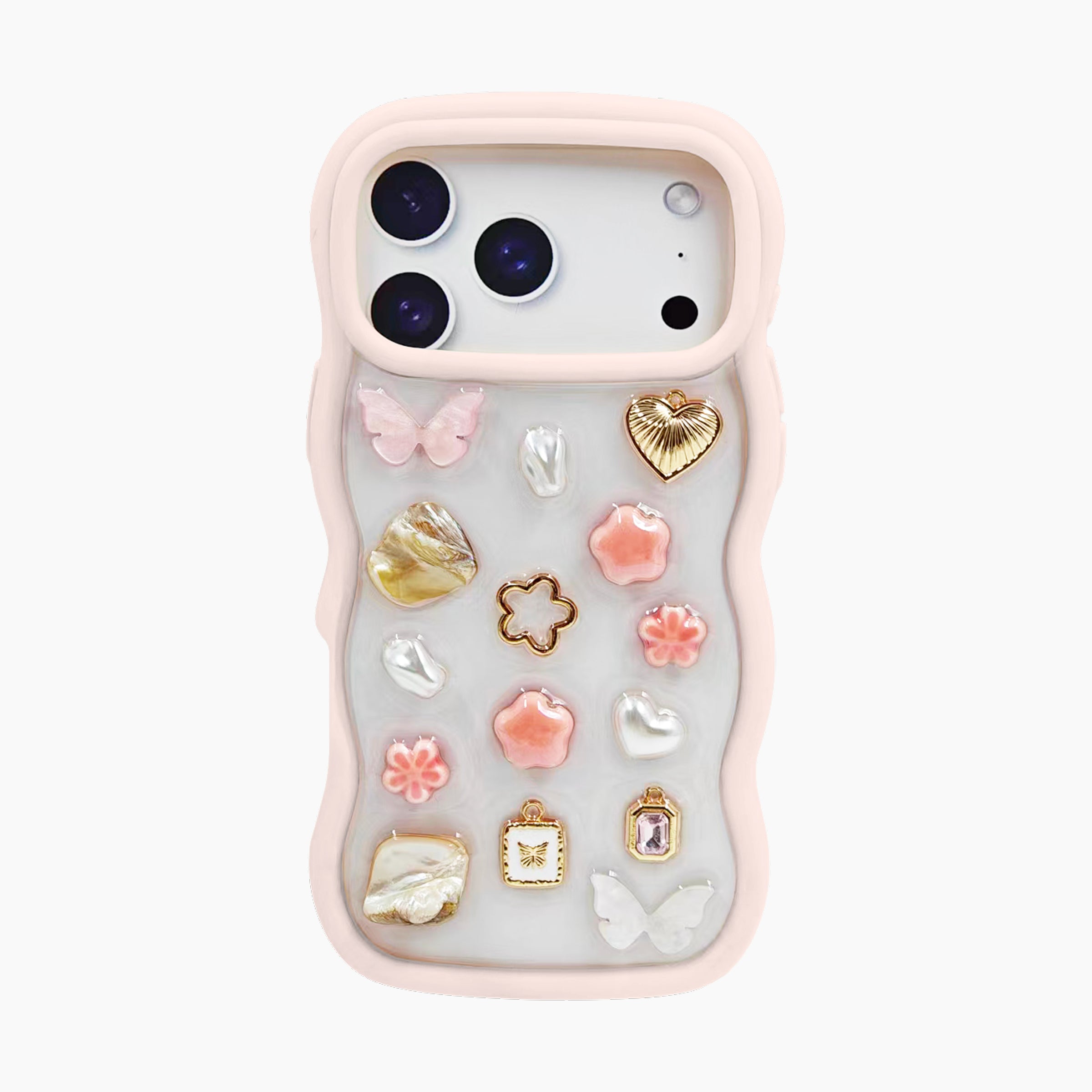 Blush Pink Wavy MagSafe Compatible Case for iPhone 17 Pro Max Featuring Butterfly, Floral, Pearl, and Gold Charm Details