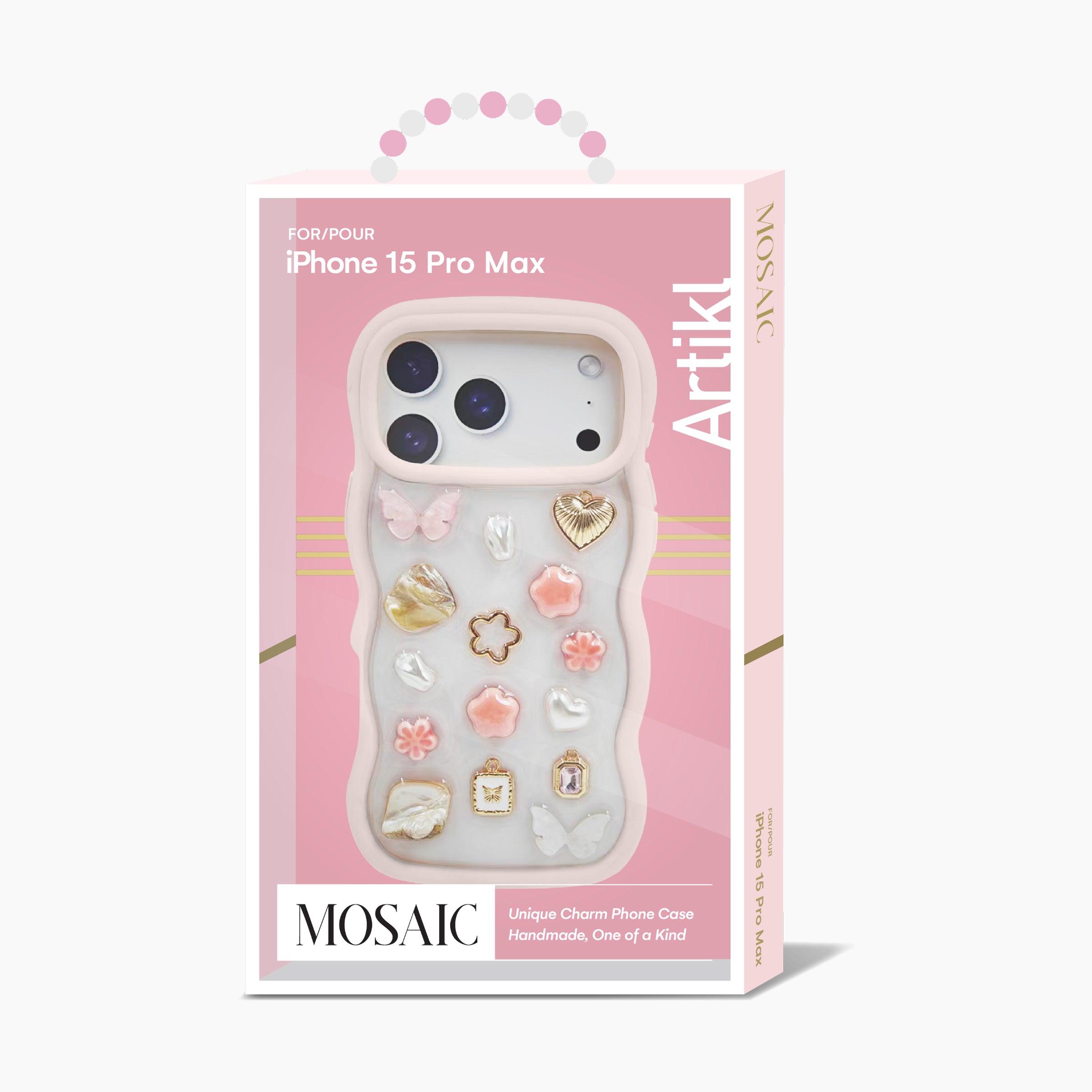Phone case packaging with 'Artikl' branding on a pink background