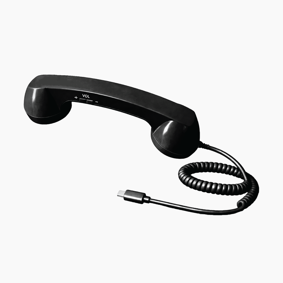 Artikl USB-C Retro Phone Handset with Coil Cord – Glossy Finish in Black, featuring a sleek glossy surface and stretchy coiled cord