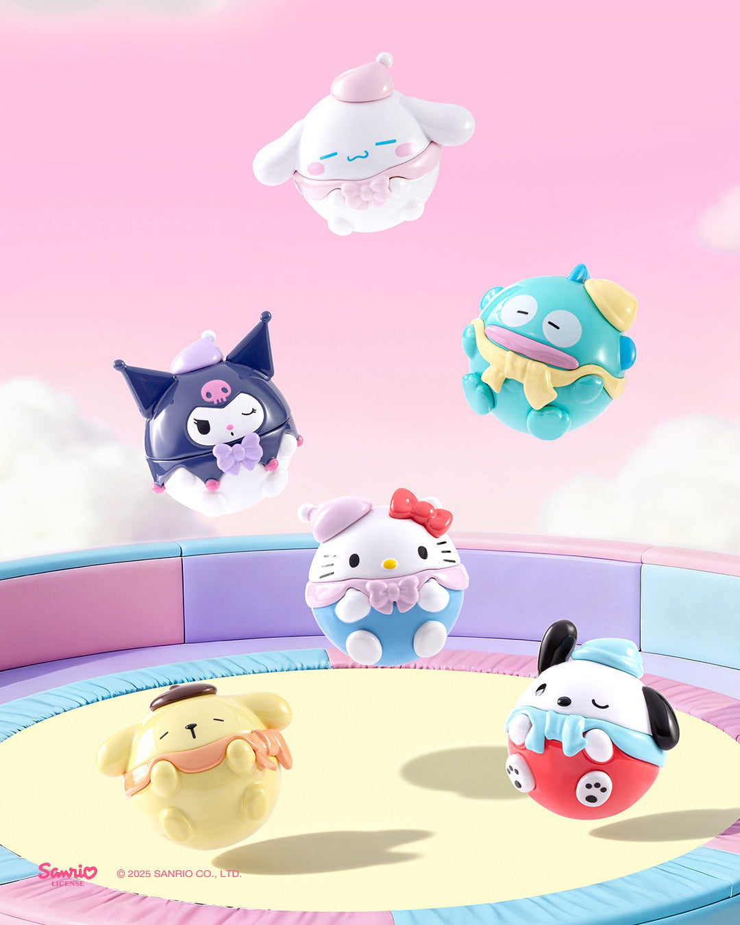 Sanrio Round Chubby Bean collectible figures floating in a cute display scene