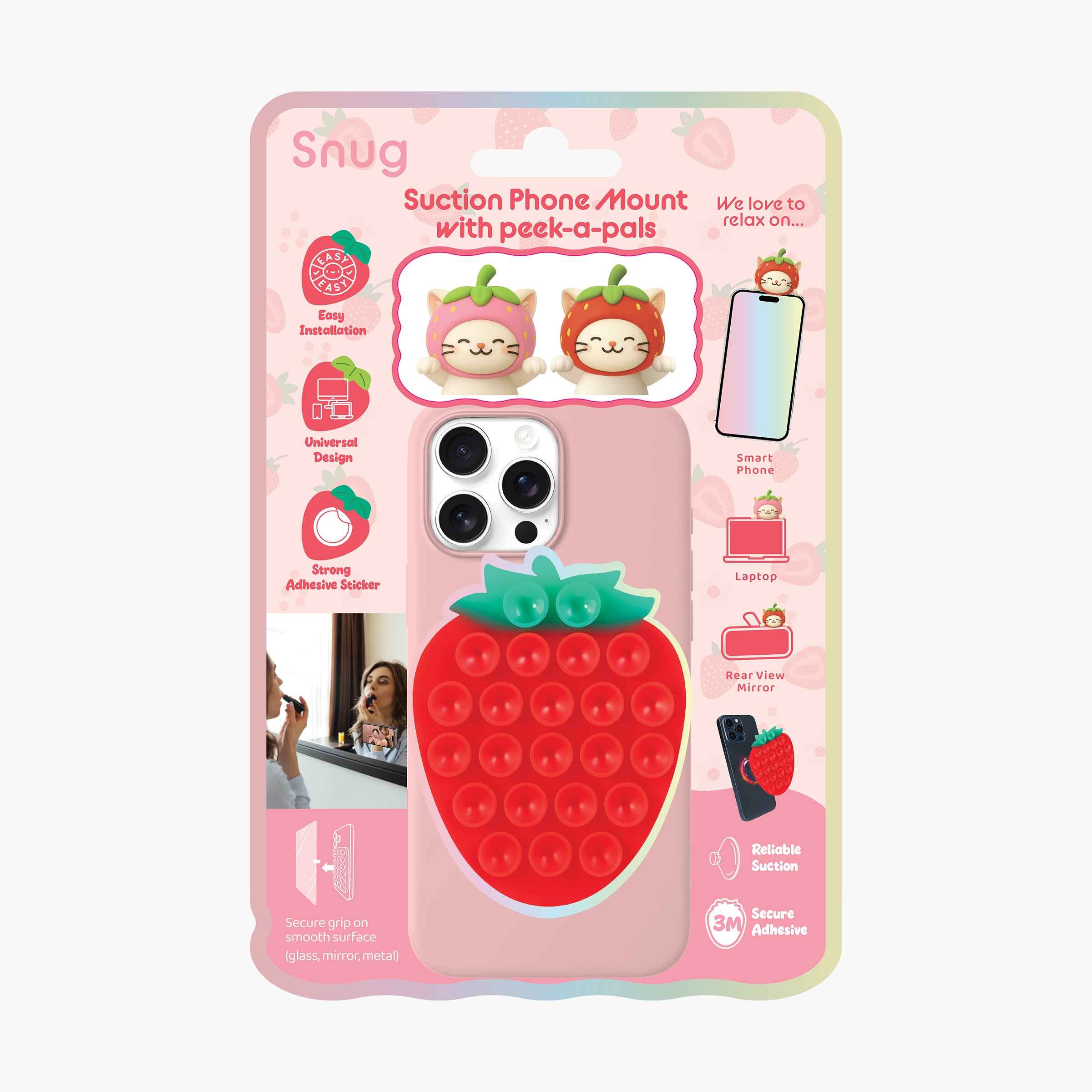 Snug strawberry-shaped suction phone mount packaging featuring Peek-a-Pals strawberry cat accessories and multi-surface suction design for phones, laptops, and mirrors
