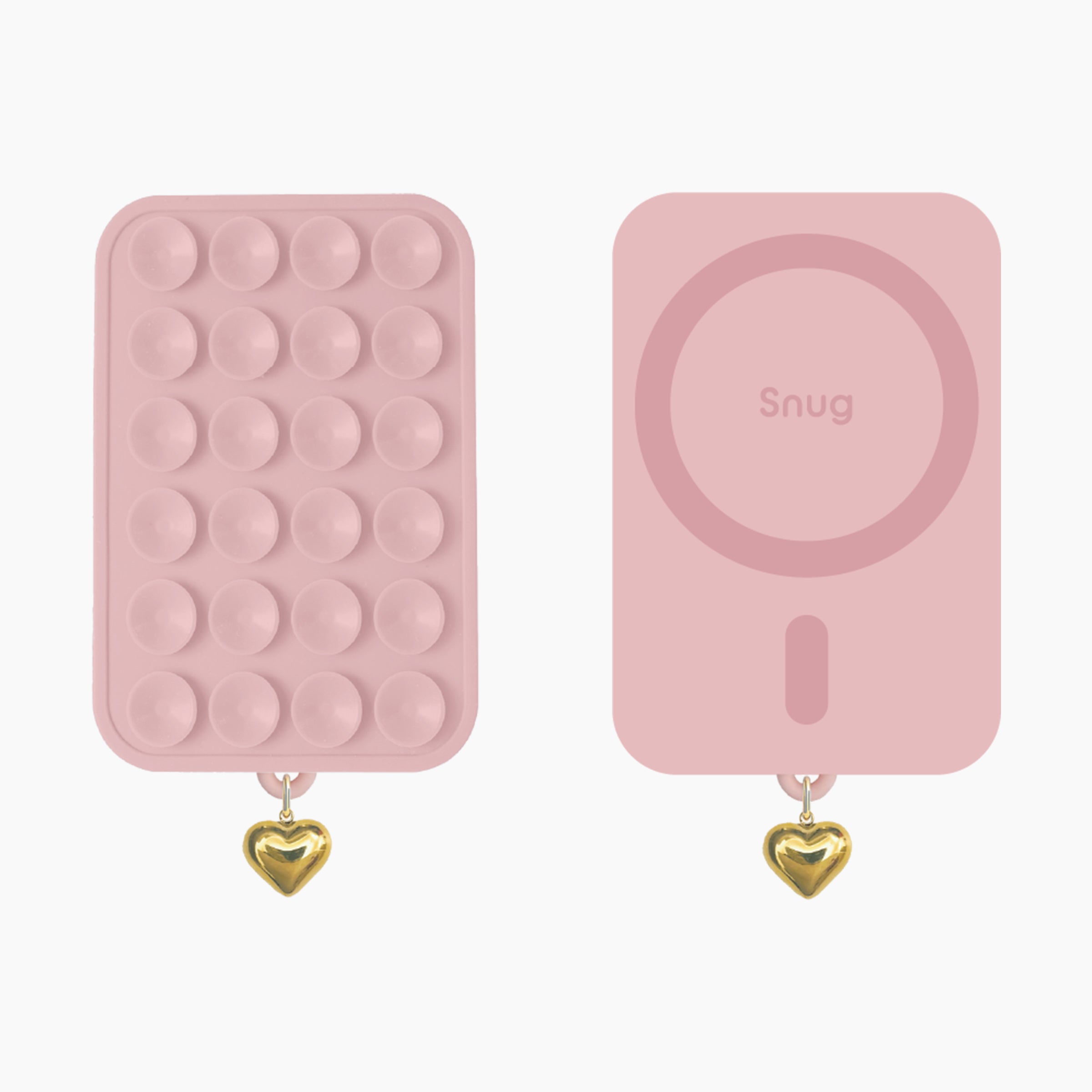 Artikl Snug Magnetic Phone Grip with Gold Heart Charm in Blush Pink, front and back view showing textured grip pad and Snug MagSafe ring