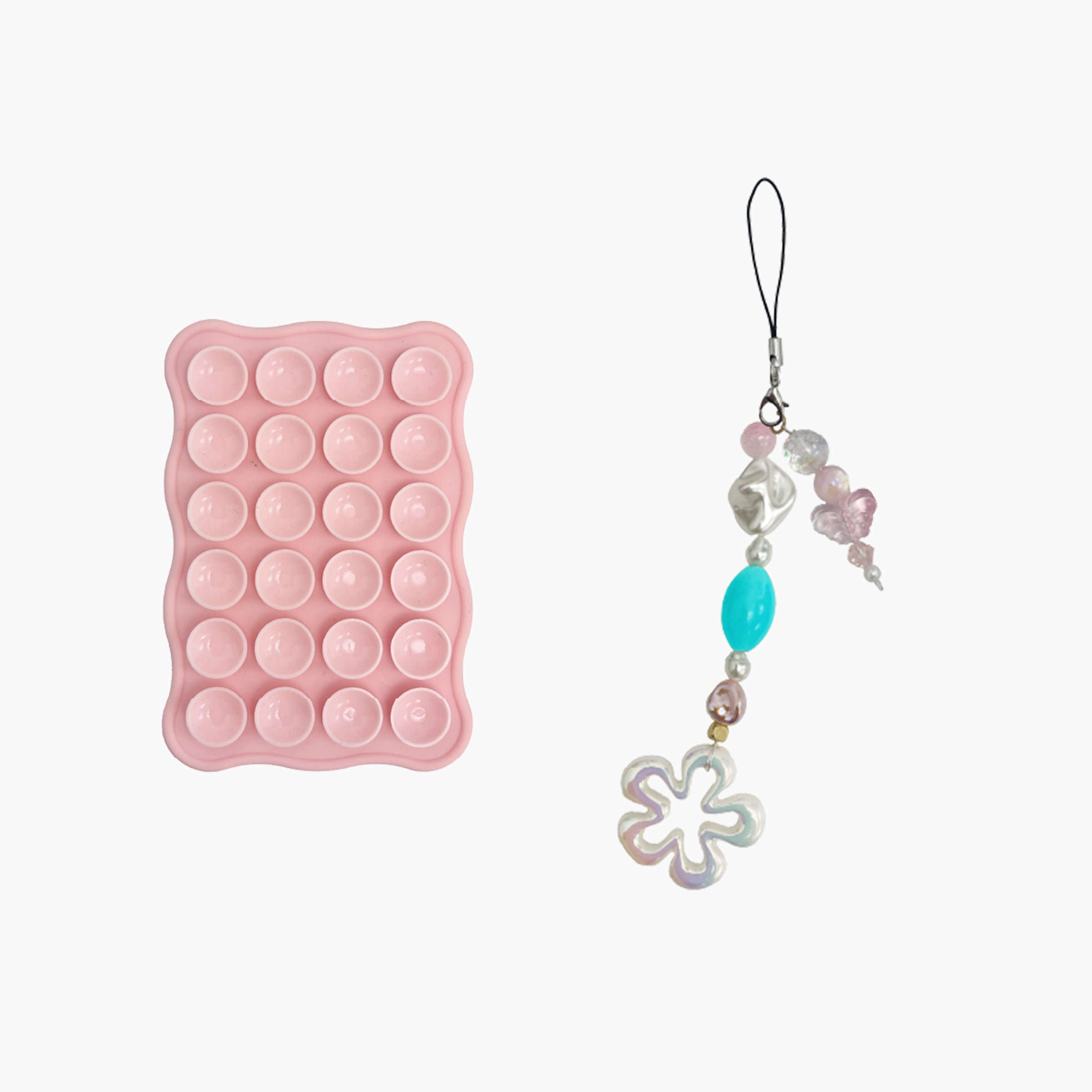Pink suction phone grip pad with pastel beaded flower phone charm strap
