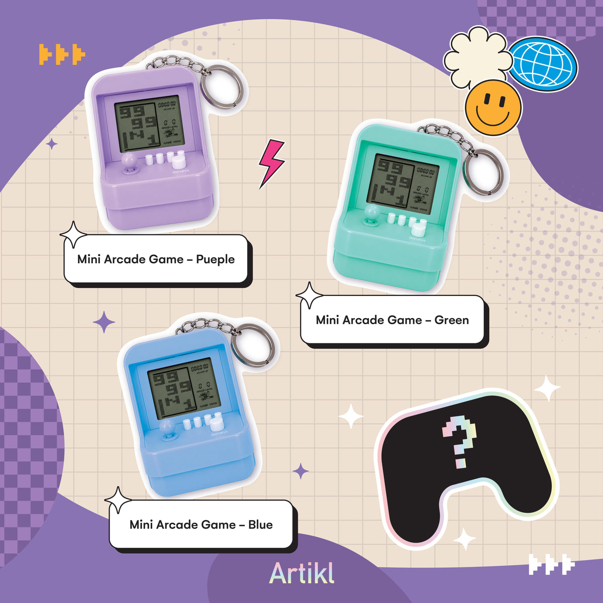 Artikl Mini Arcade Game Keychain collection featuring three pastel colours, Purple, Green, and Blue, and one mystery controller bonus
