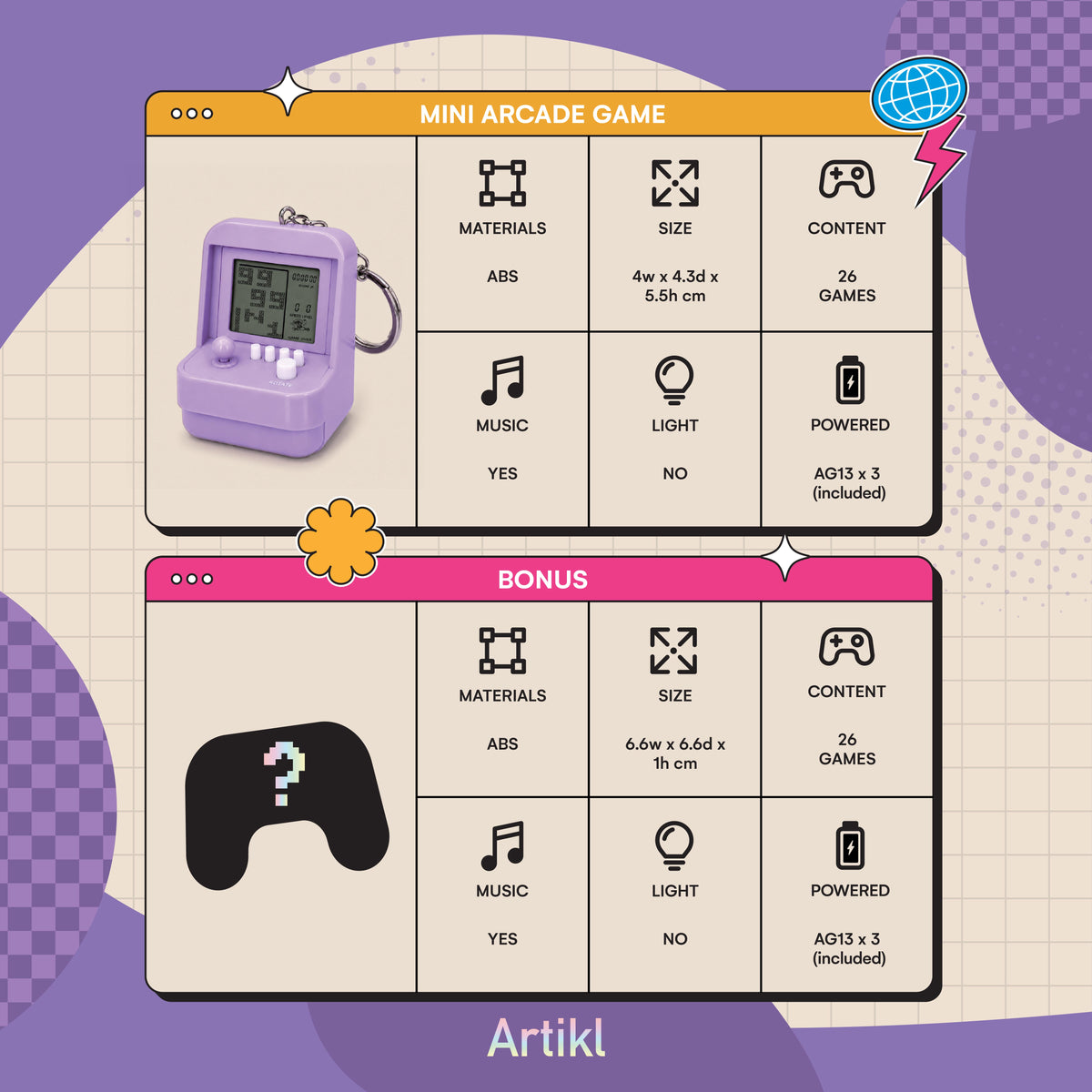 Artikl Mini Arcade Game Keychain game list guide featuring all 26 retro games and the bonus mystery controller