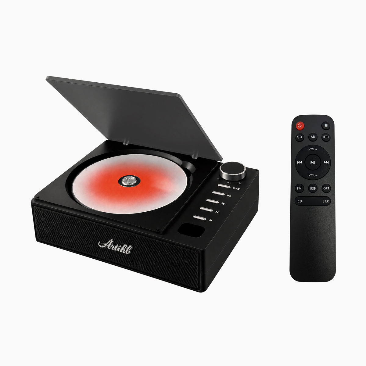 Artikl Portable Bluetooth CD Player with Speaker & Remote Control in Black, featuring a flip-up lid, built-in speaker, and slim remote
