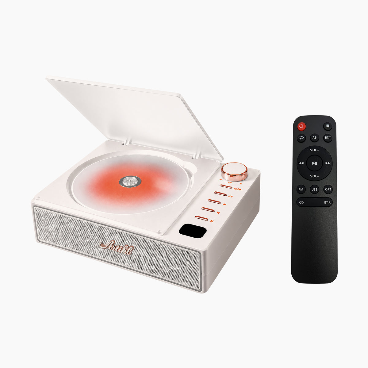 Artikl Portable Bluetooth CD Player with Speaker & Remote Control in White, featuring a flip-up lid, built-in speaker, and slim remote