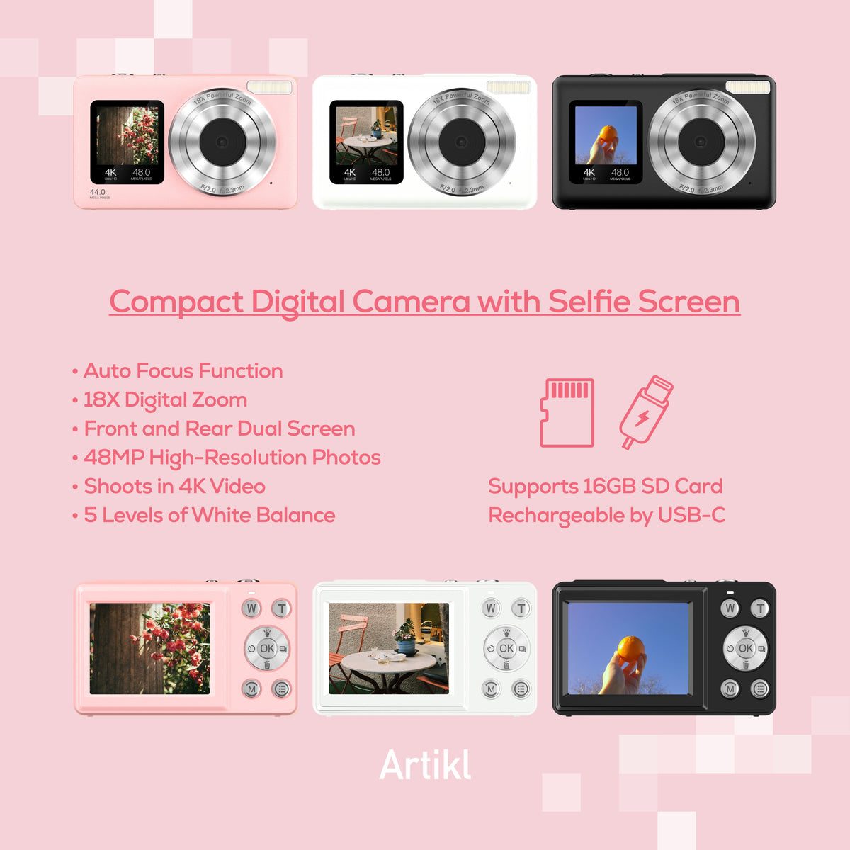 Compact Selfie Digital Camera with Selfie Screen
