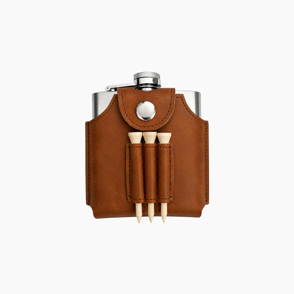 Artikl Golf Flask Gift Set – 6oz Hip Flask with Vegan Leather Case & Tees in Brown, featuring a stainless steel flask in a brown case with three wooden golf tees