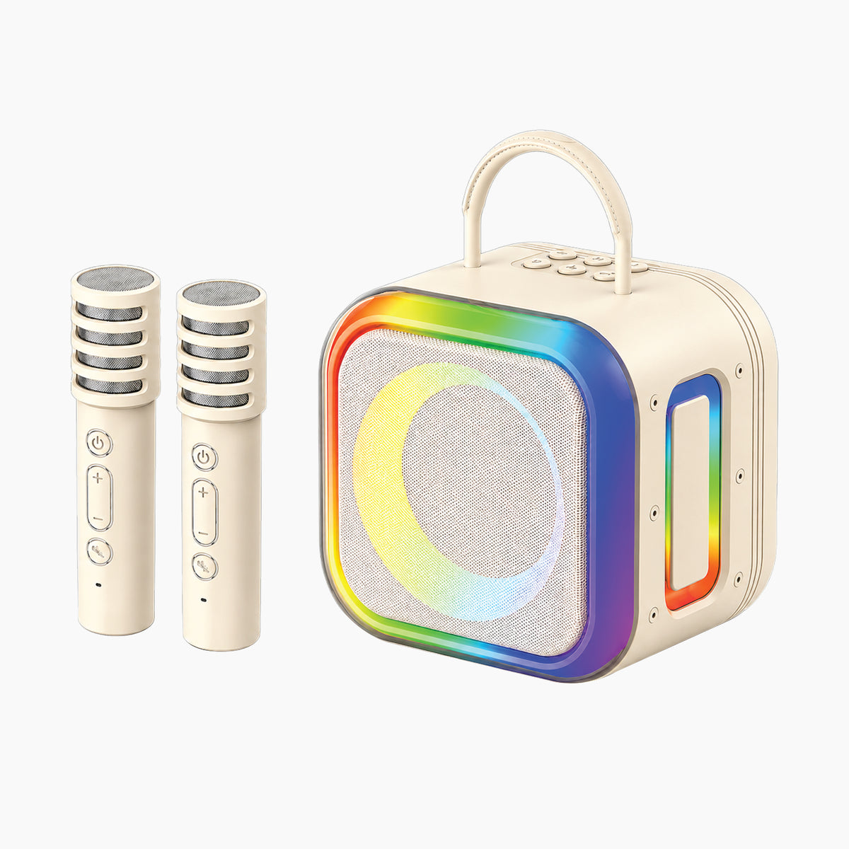 Artikl Portable Bluetooth Karaoke Machine with 2 Wireless Mics & RGB Lights in Cream, featuring a soft fabric speaker front with a glowing RGB light ring