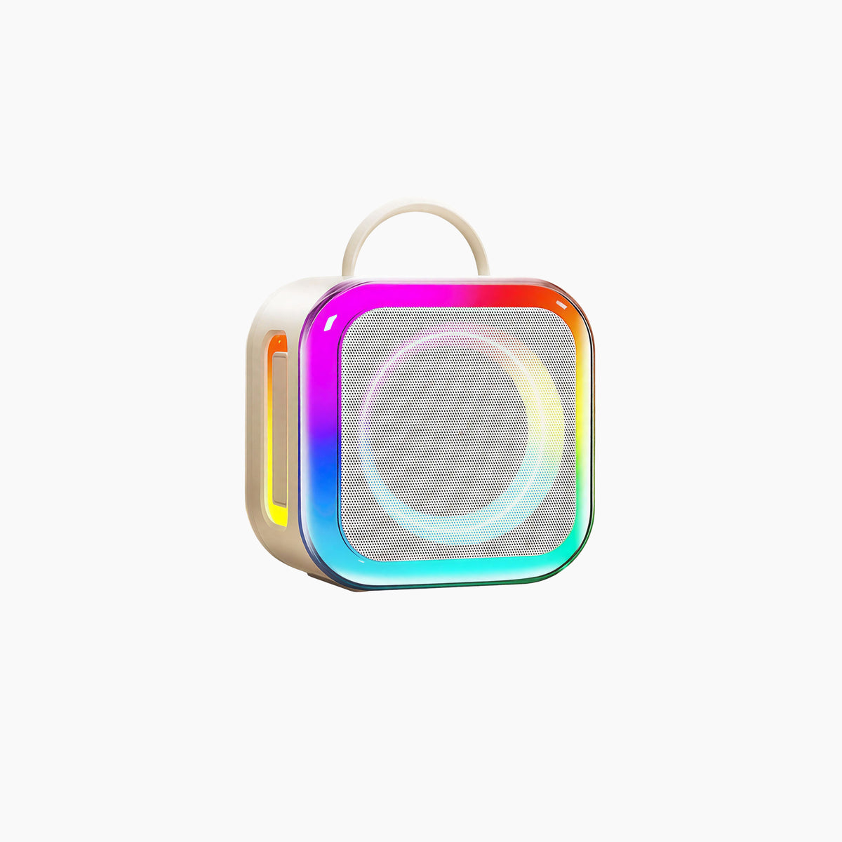 Artikl Portable Bluetooth Karaoke Machine with 2 Wireless Mics & RGB Lights in Cream, front view showing the colourful RGB light ring glowing