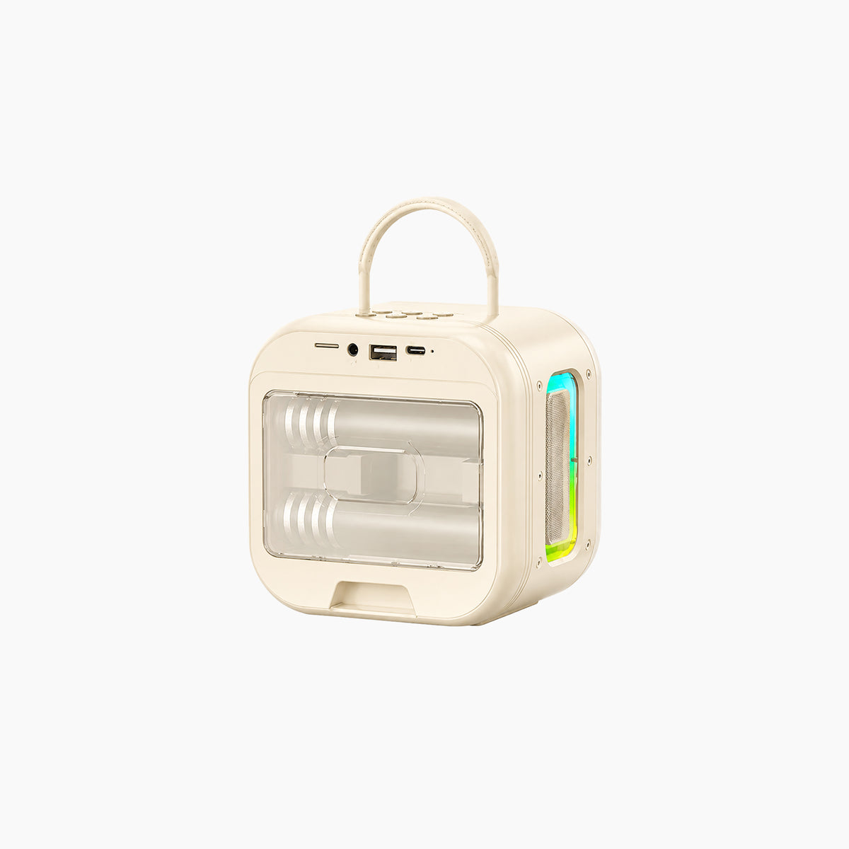 Artikl Portable Bluetooth Karaoke Machine with 2 Wireless Mics & RGB Lights in Cream, side view showing both microphones tucked into the built-in holder