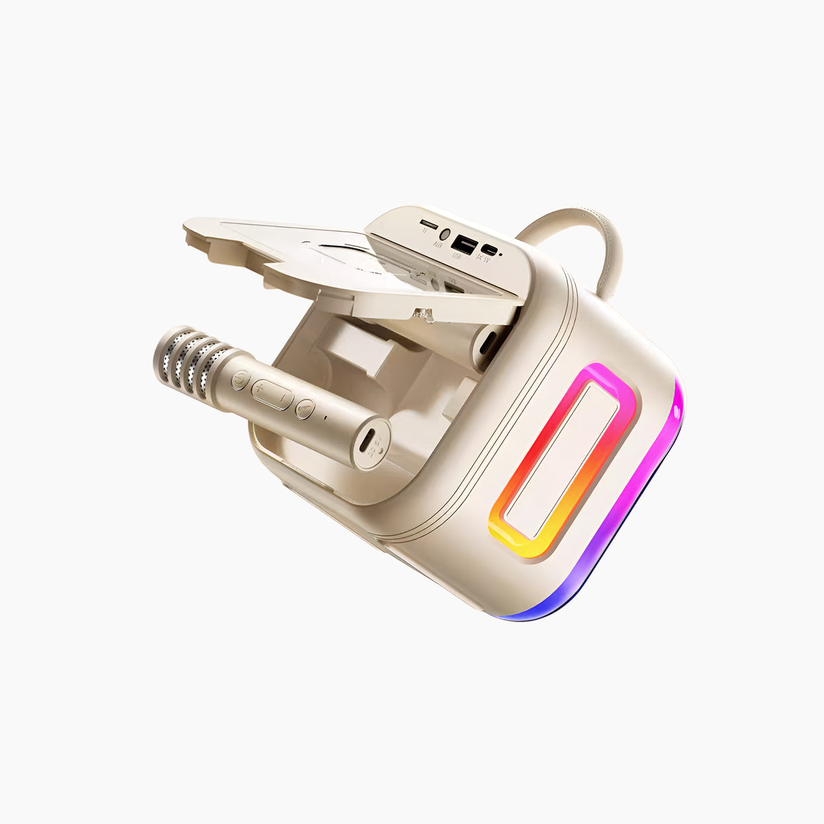 Artikl Portable Bluetooth Karaoke Machine with 2 Wireless Mics & RGB Lights in Cream, angled top view showing the carry handle and control buttons