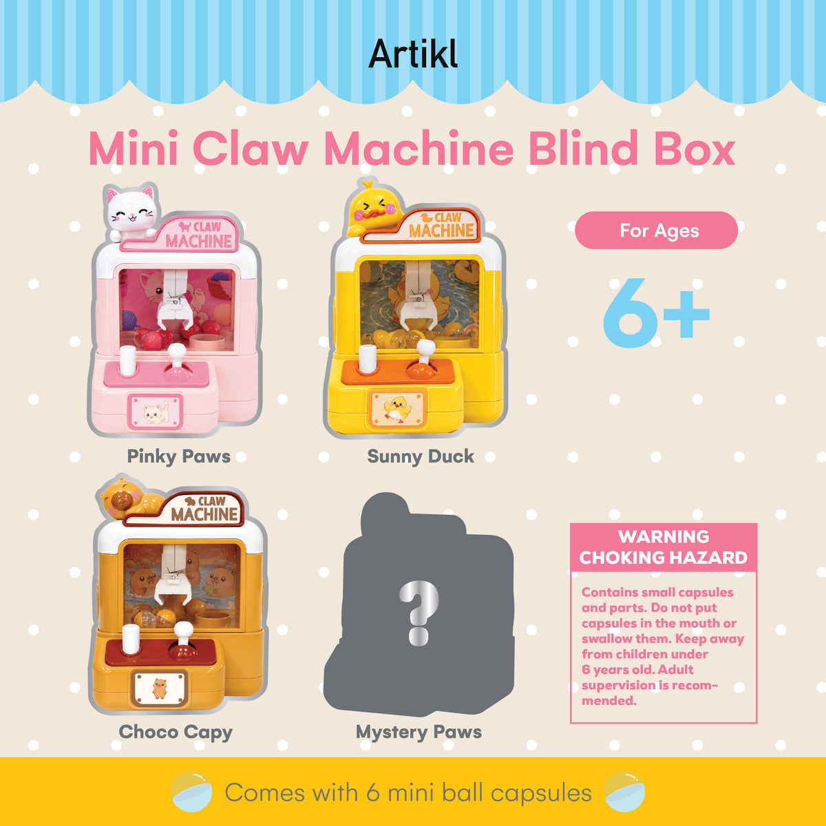 Mini Claw Machine Blind Box collection guide featuring Pinky Paws, Sunny Duck, Choco Capy and a mystery design, with mini ball capsules included
